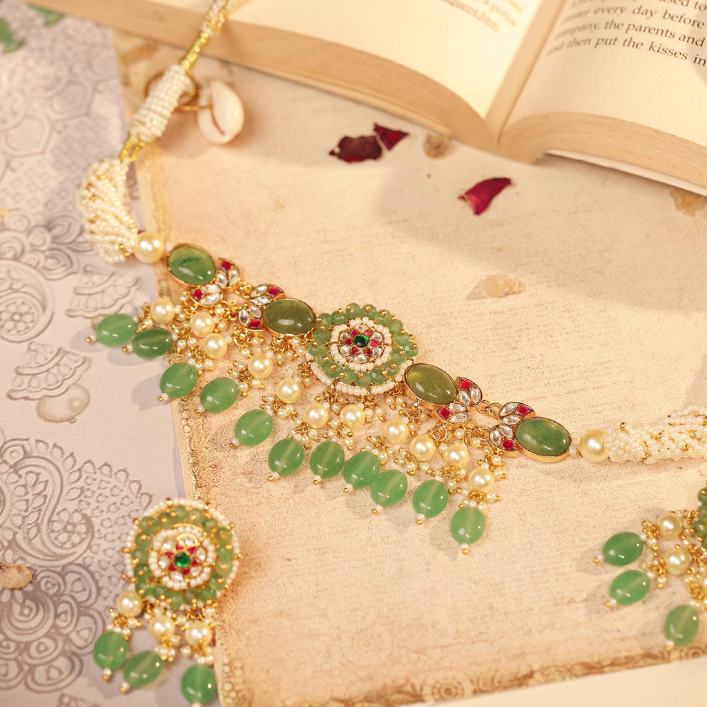 Emerald Pearl Choker Set, Traditional Indian Bridal Meenakari Necklace, Festive Statement Set