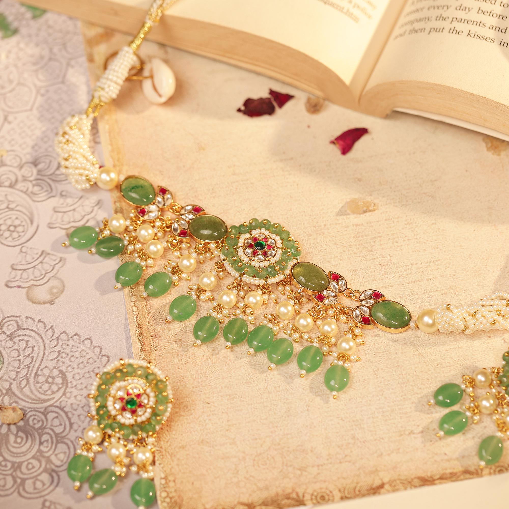Emerald Pearl Choker Set, Traditional Indian Bridal Meenakari Necklace, Festive Statement Set