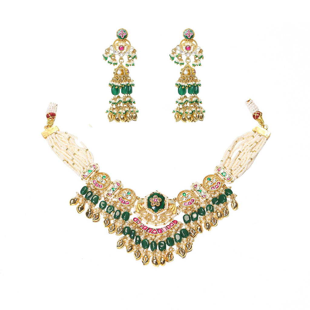 Handcrafted Kundan Pearl Choker Set, Antique Gold Bridal Wedding Jewelry