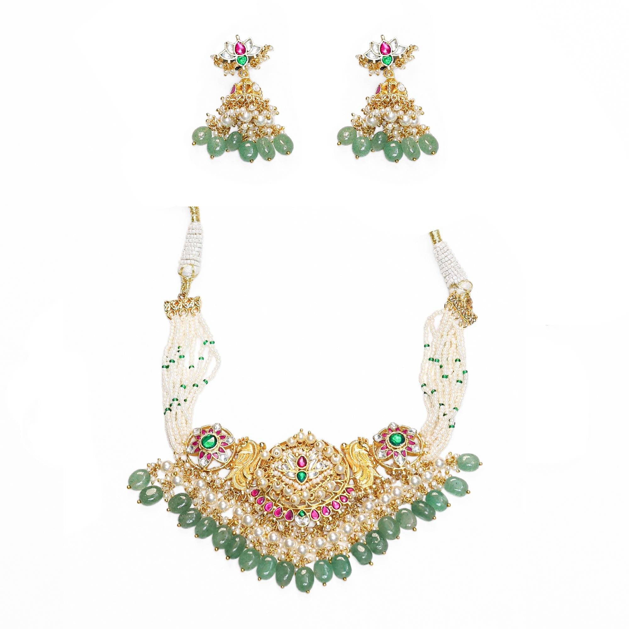 Kundan Pearl Necklace Set with Peacock Motifs & Emerald Beads  Artisan Indian Jewelry