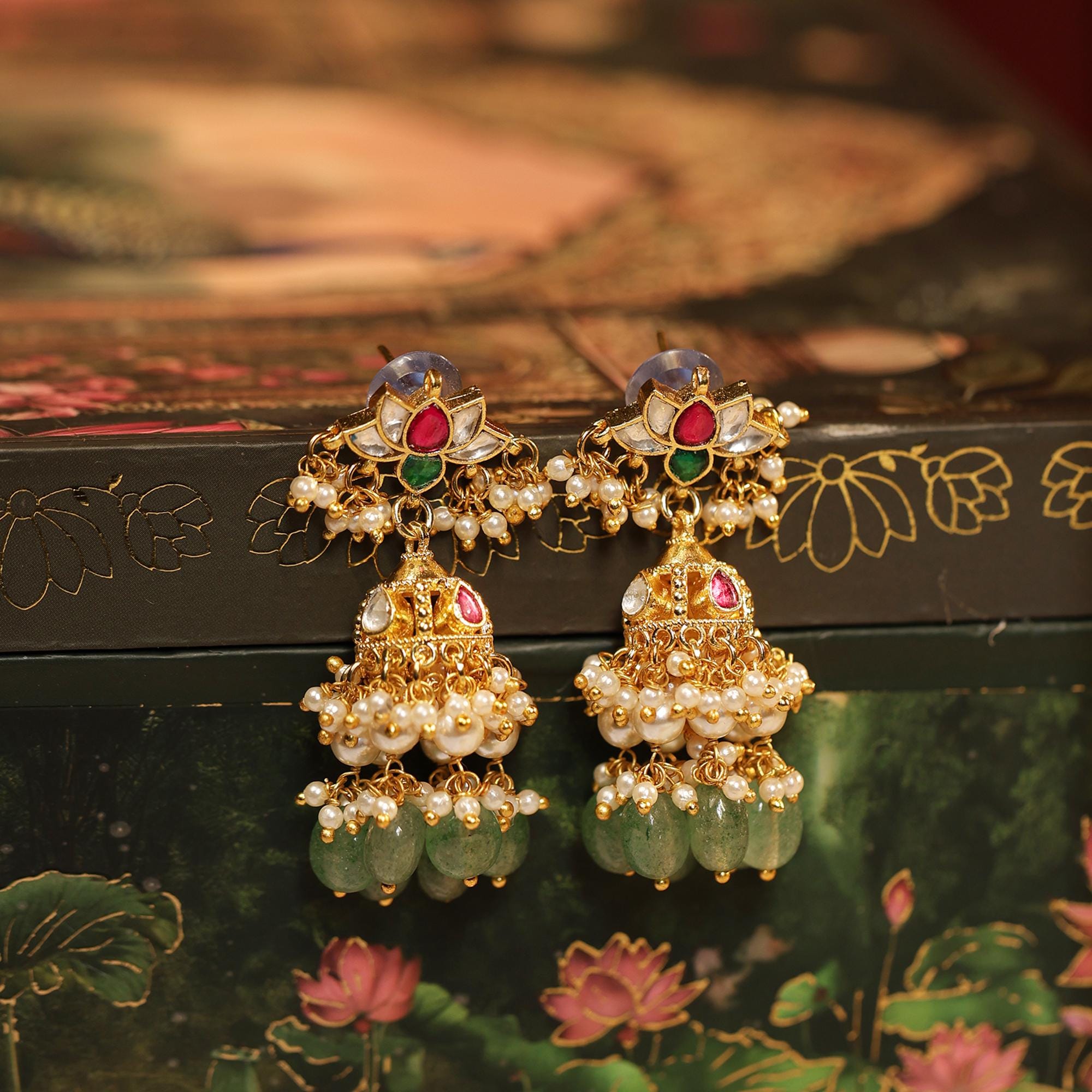Kundan Pearl Necklace Set with Peacock Motifs & Emerald Beads  Artisan Indian Jewelry
