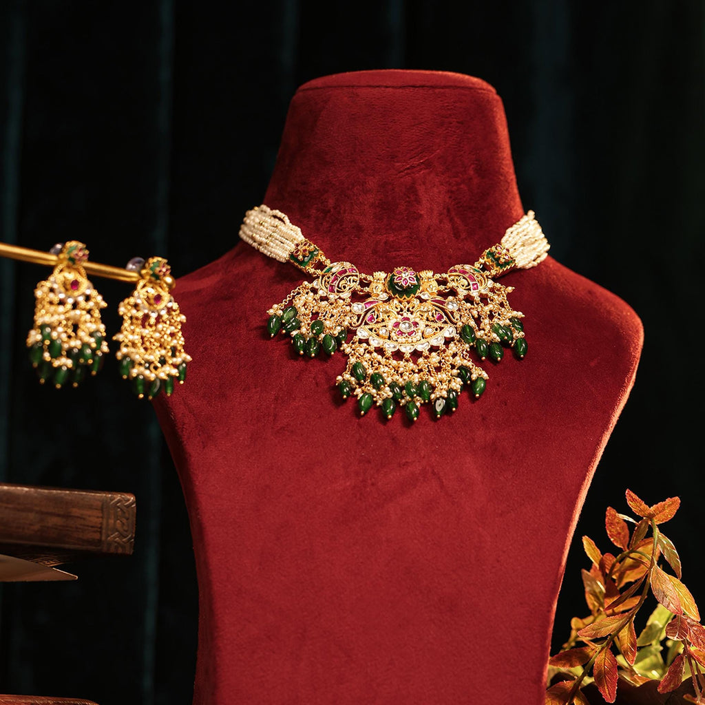 Handcrafted Pearl Enamel Necklace Set | Royal Indian Bridal Jewelry, Emerald Ruby Choker