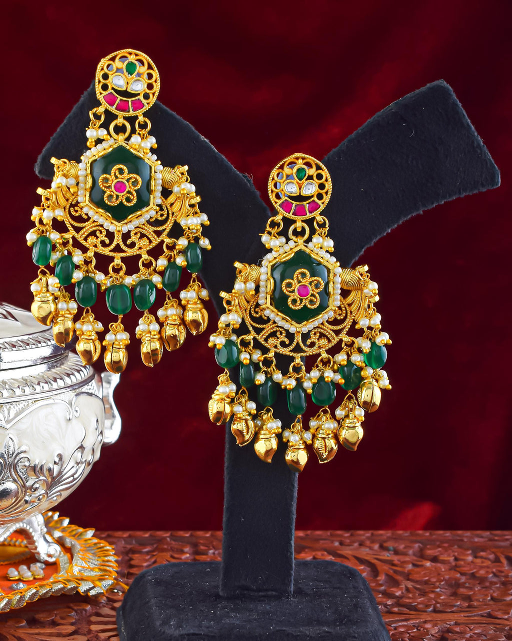 Handcrafted Pearl Enamel Necklace Set | Royal Indian Bridal Jewelry, Emerald Ruby Choker