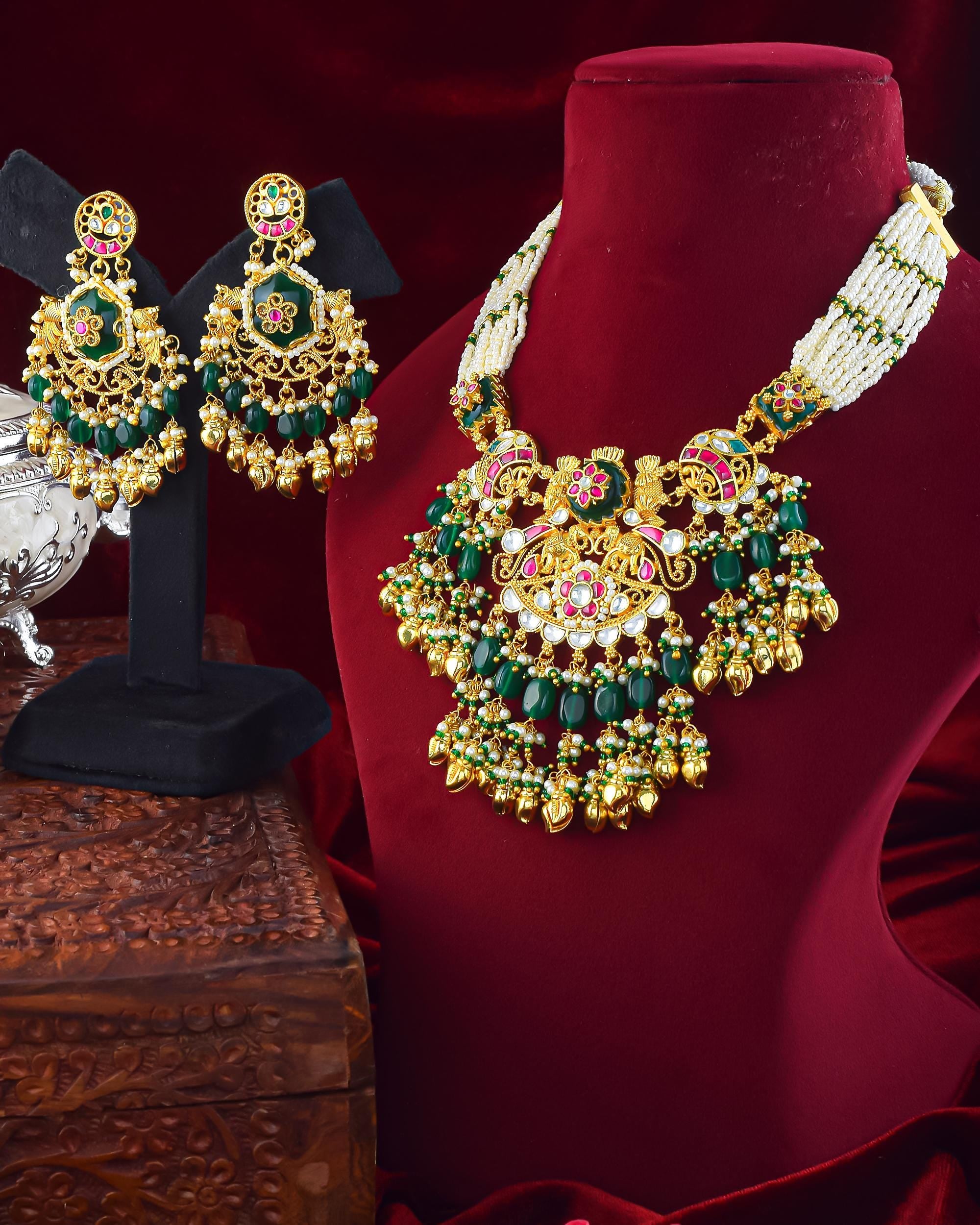 Handcrafted Pearl Enamel Necklace Set | Royal Indian Bridal Jewelry, Emerald Ruby Choker