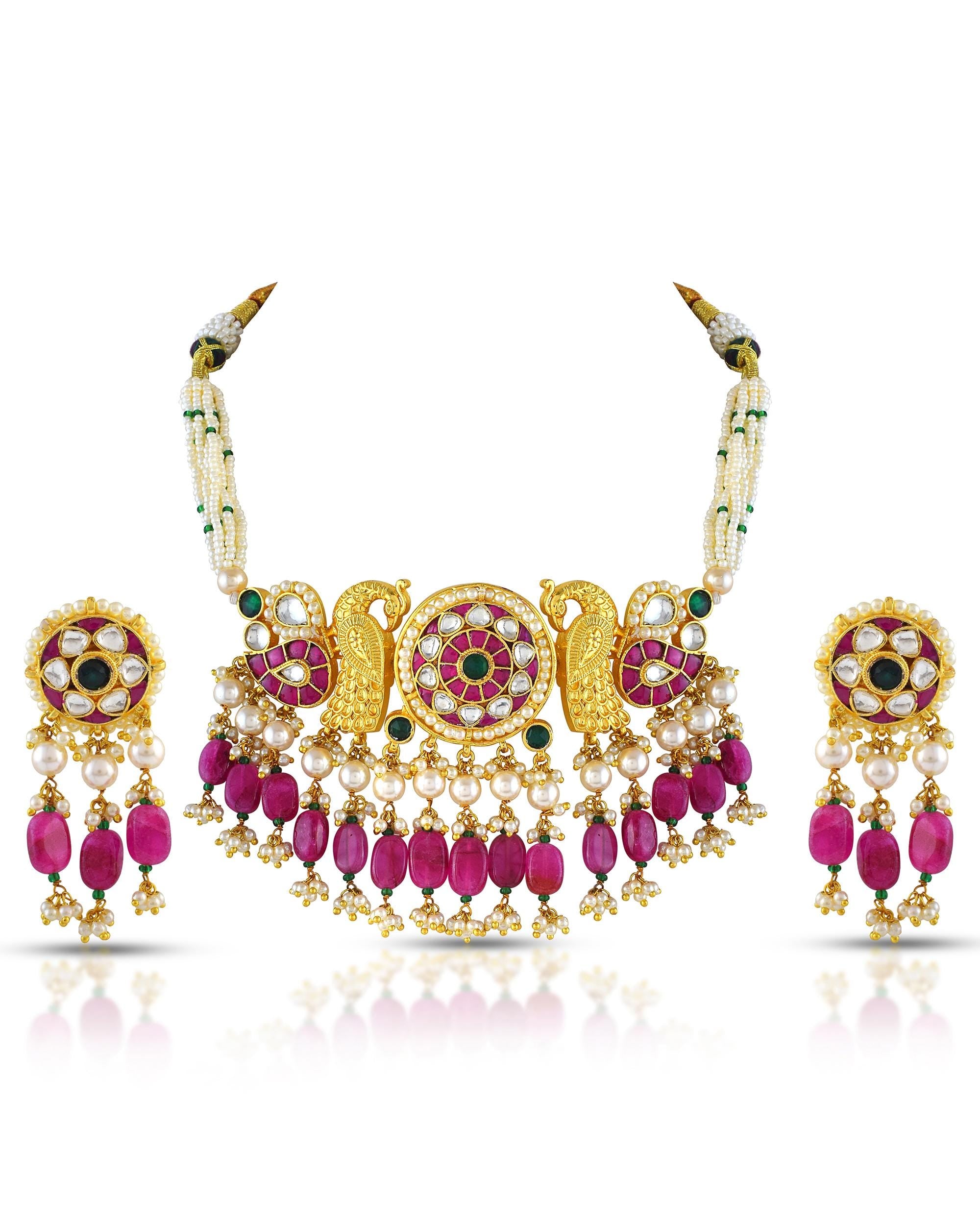 Royal Peacock Kundan Necklace Set | Multi Strand Pearls, Ruby Beads, Bridal Jewelry