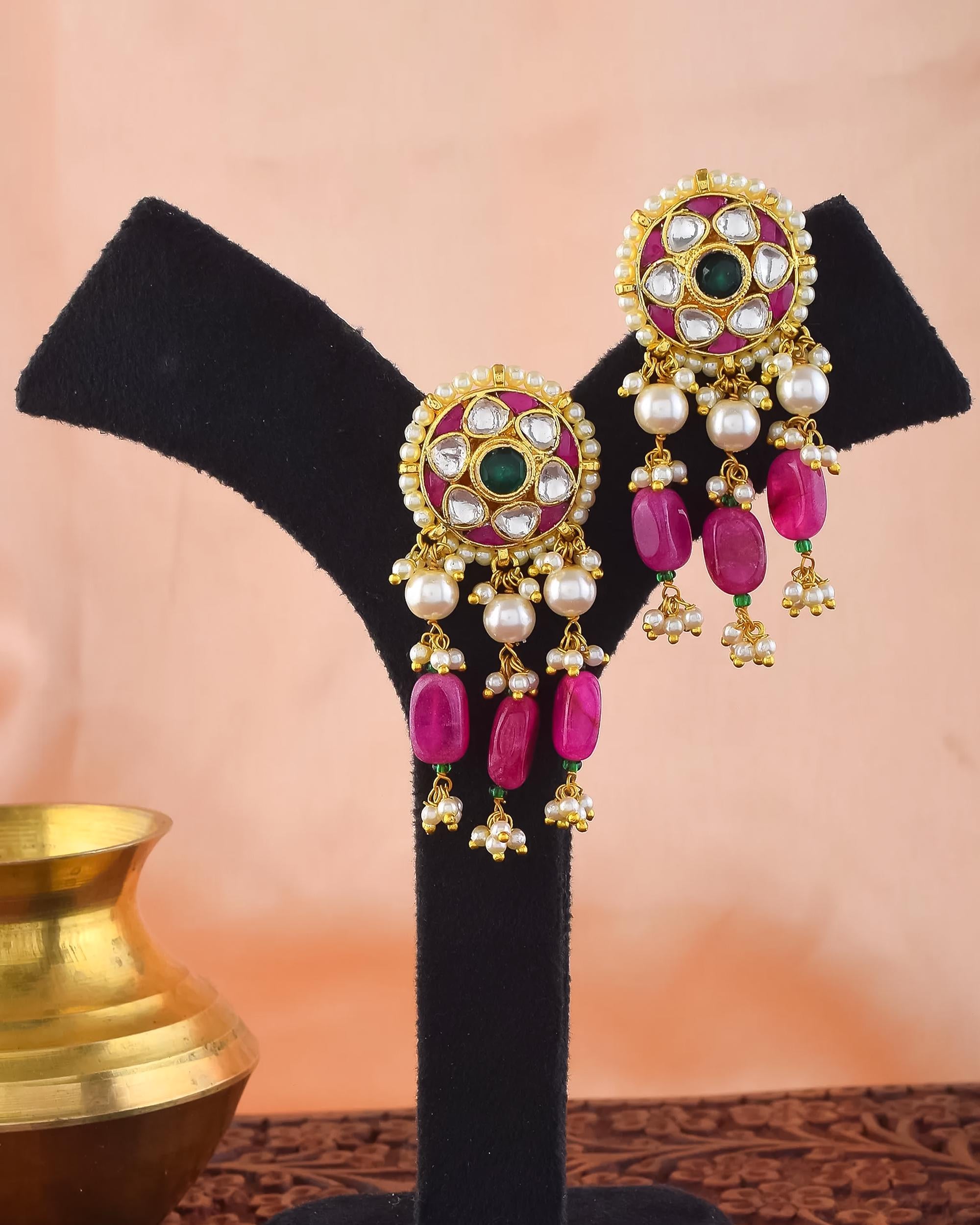 Royal Peacock Kundan Necklace Set | Multi Strand Pearls, Ruby Beads, Bridal Jewelry