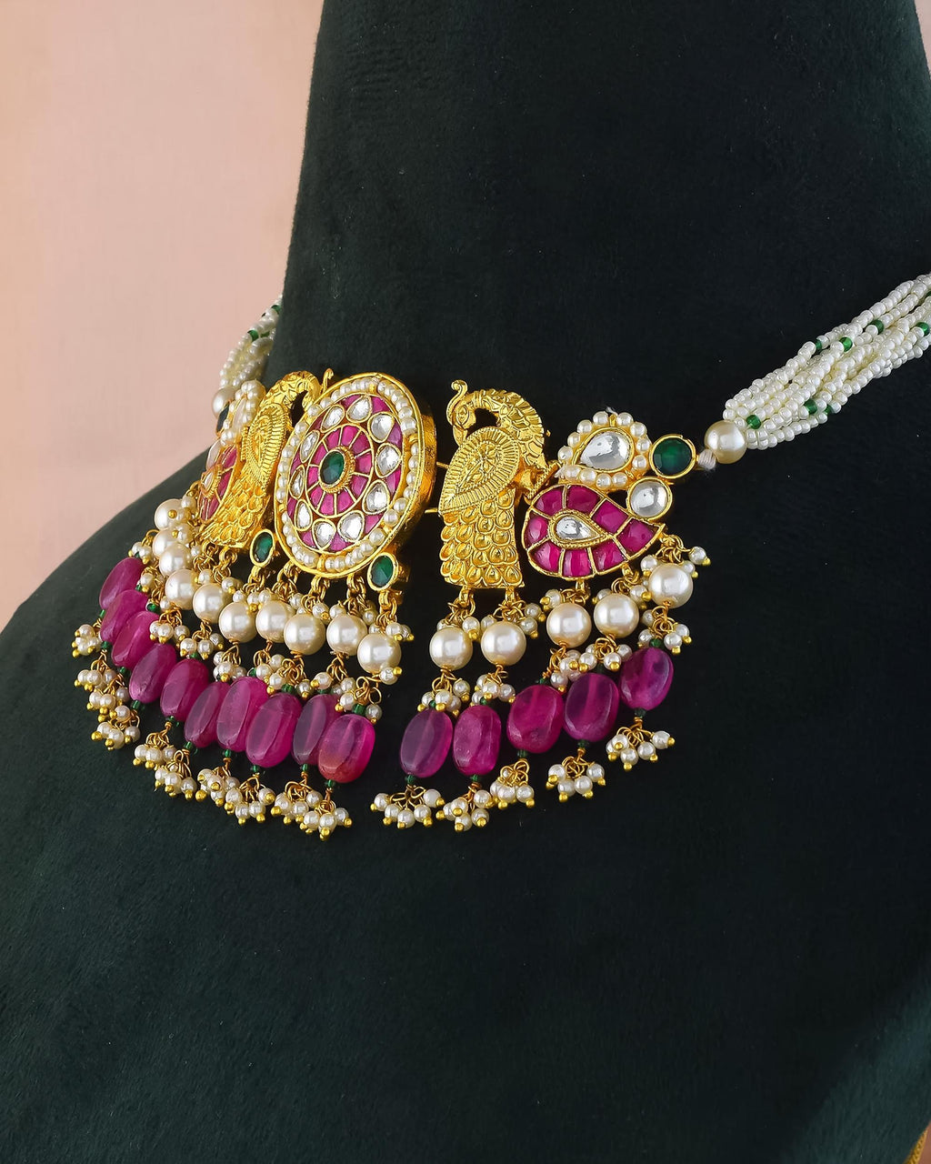 Royal Peacock Kundan Necklace Set | Multi Strand Pearls, Ruby Beads, Bridal Jewelry