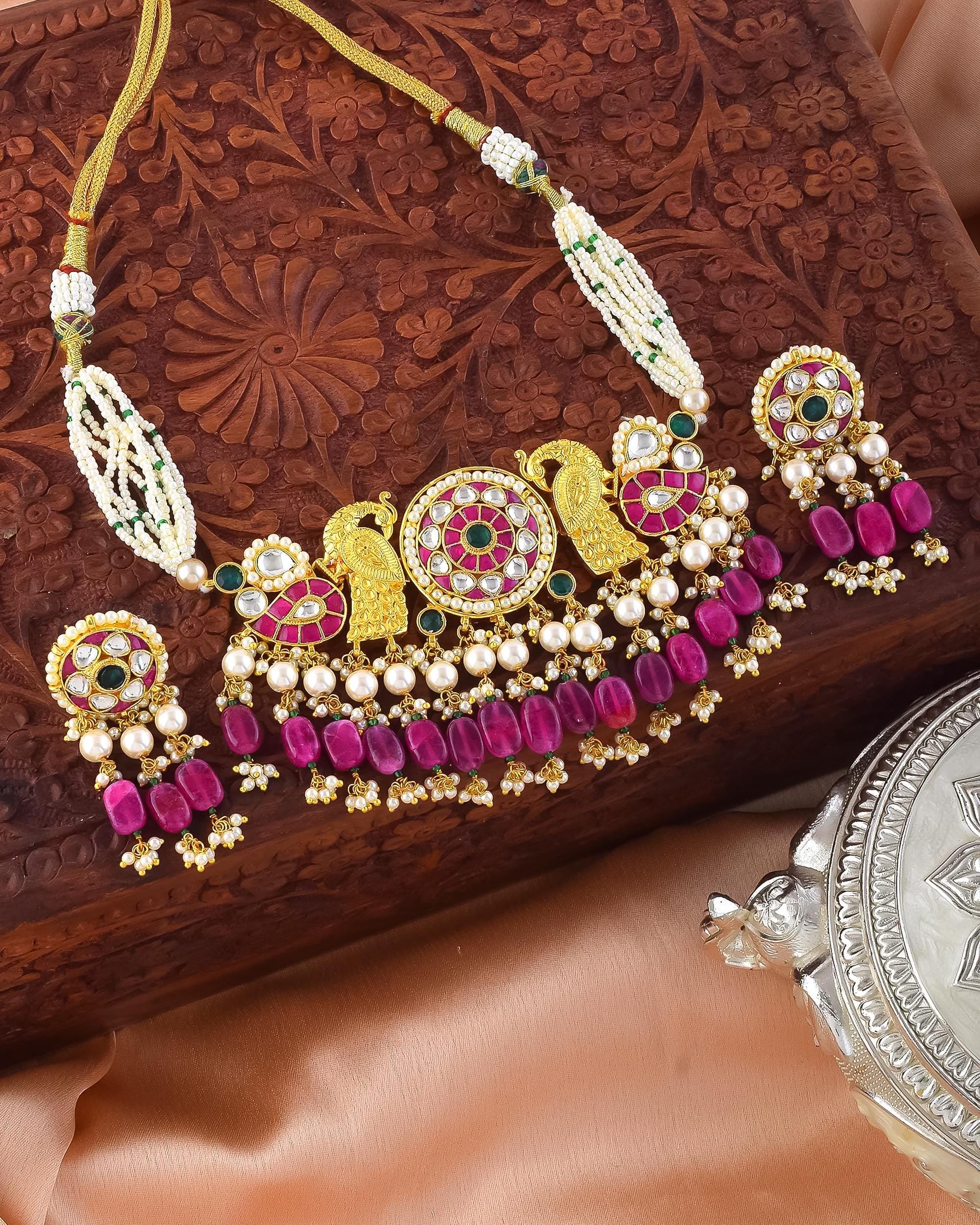 Royal Peacock Kundan Necklace Set | Multi Strand Pearls, Ruby Beads, Bridal Jewelry
