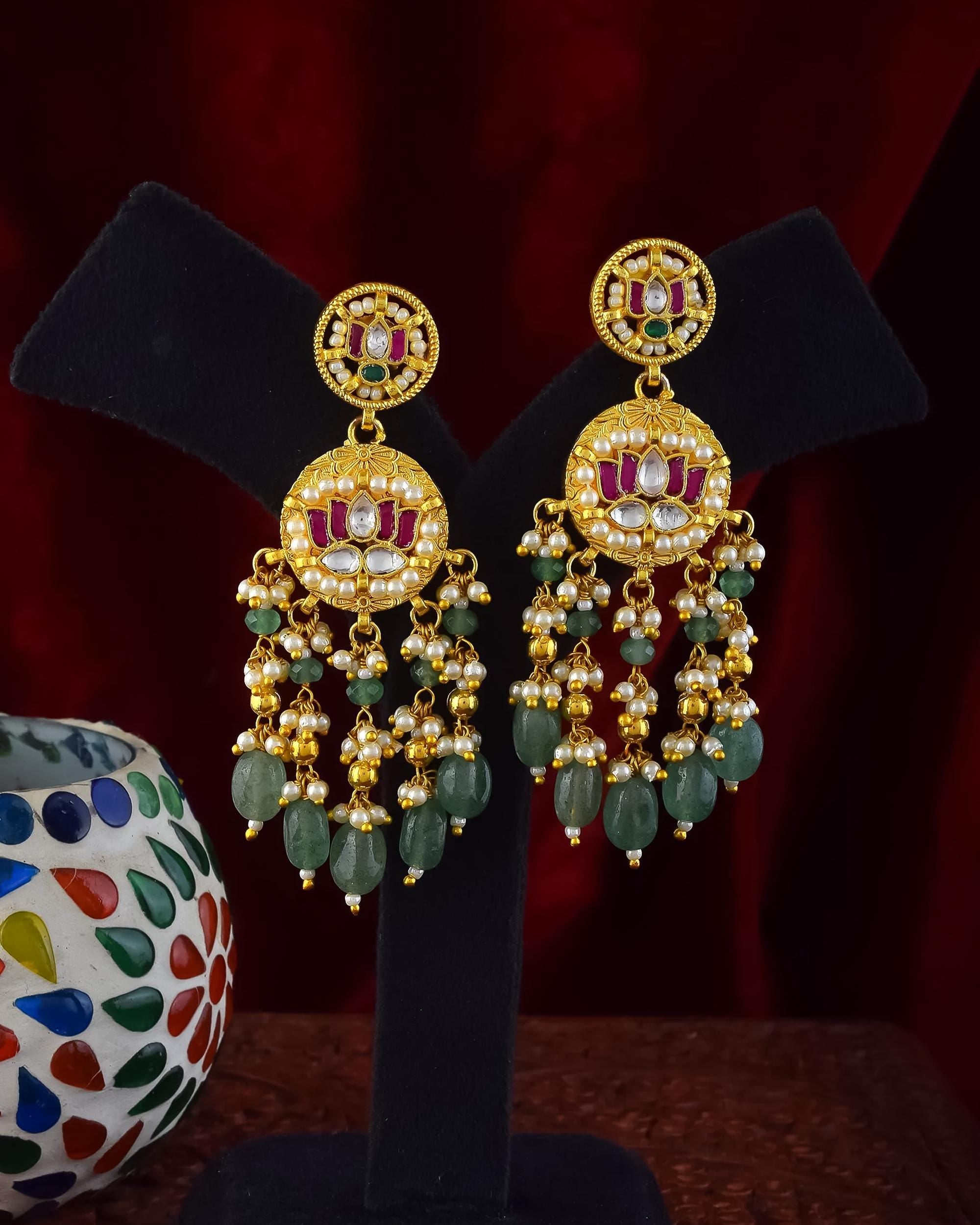Kundan Pearl Necklace Traditional Indian Bridal Jewelry Meenakari Peacock Floral Statement Wedding Ethnic Set