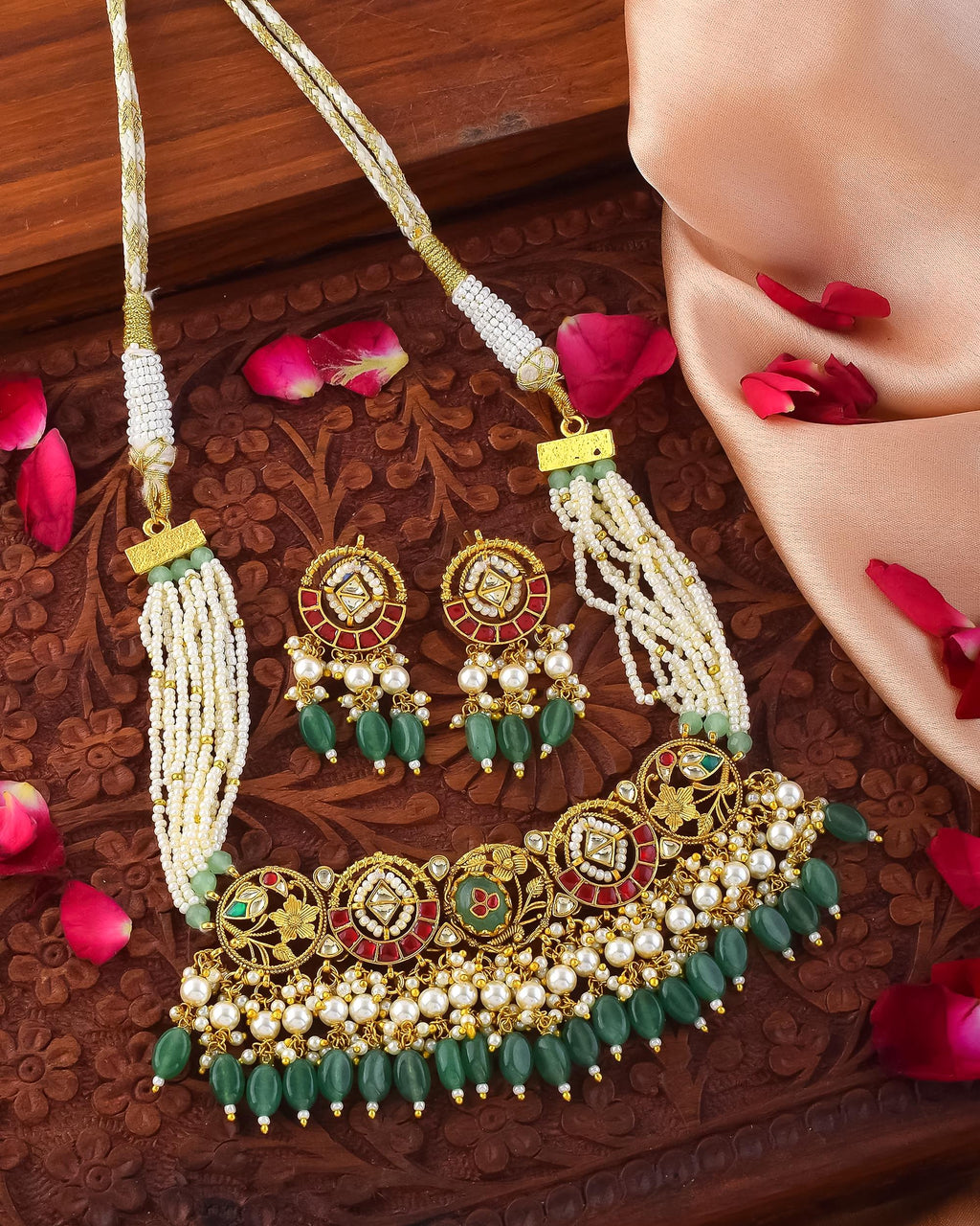 Royal Kundan Pearl Choker Set with Green Bead Drop  Traditional Indian Bridal Jewelry