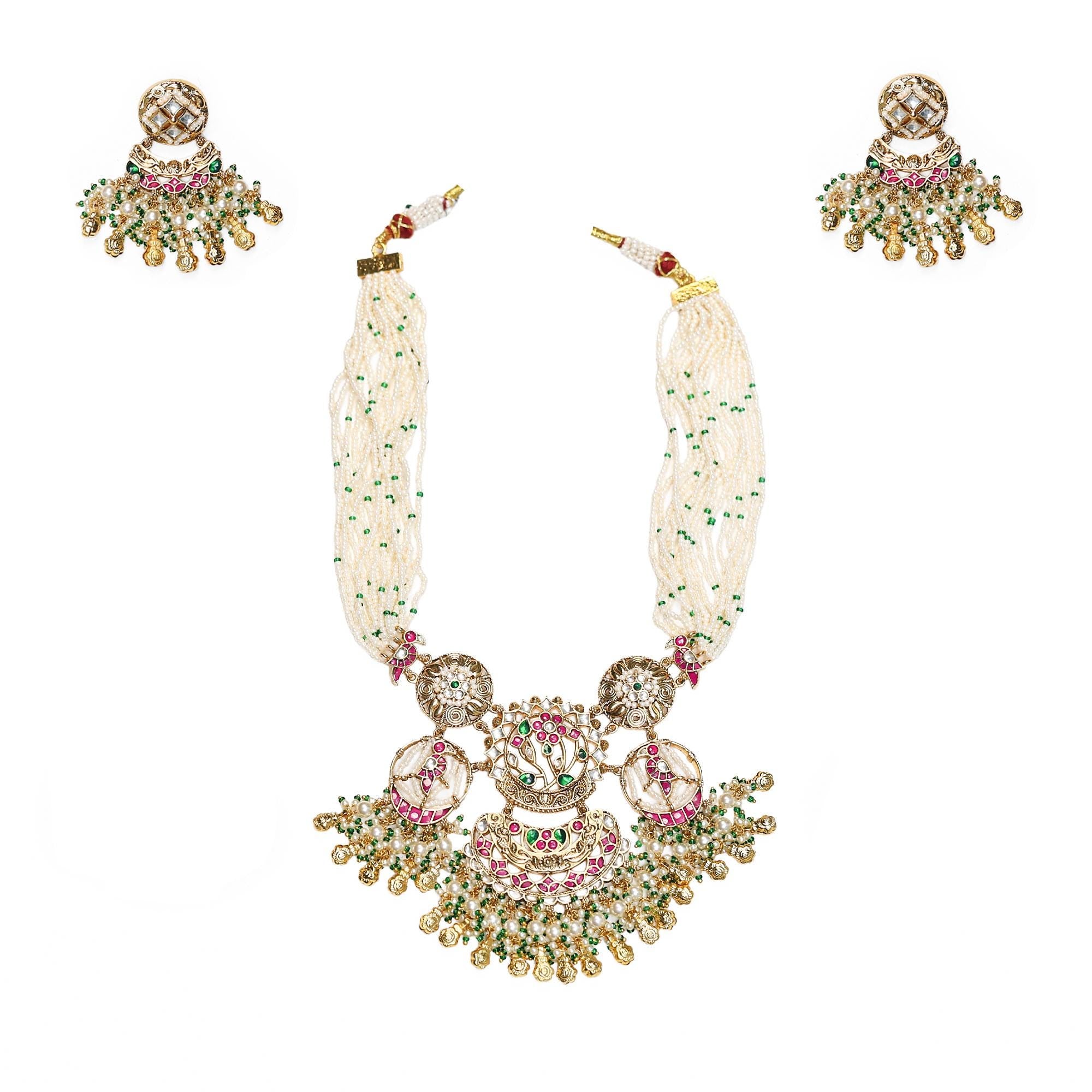 Meenakari Tree of Life Necklace Set | Seed Pearl Emerald Green Festive Statement Jewelry