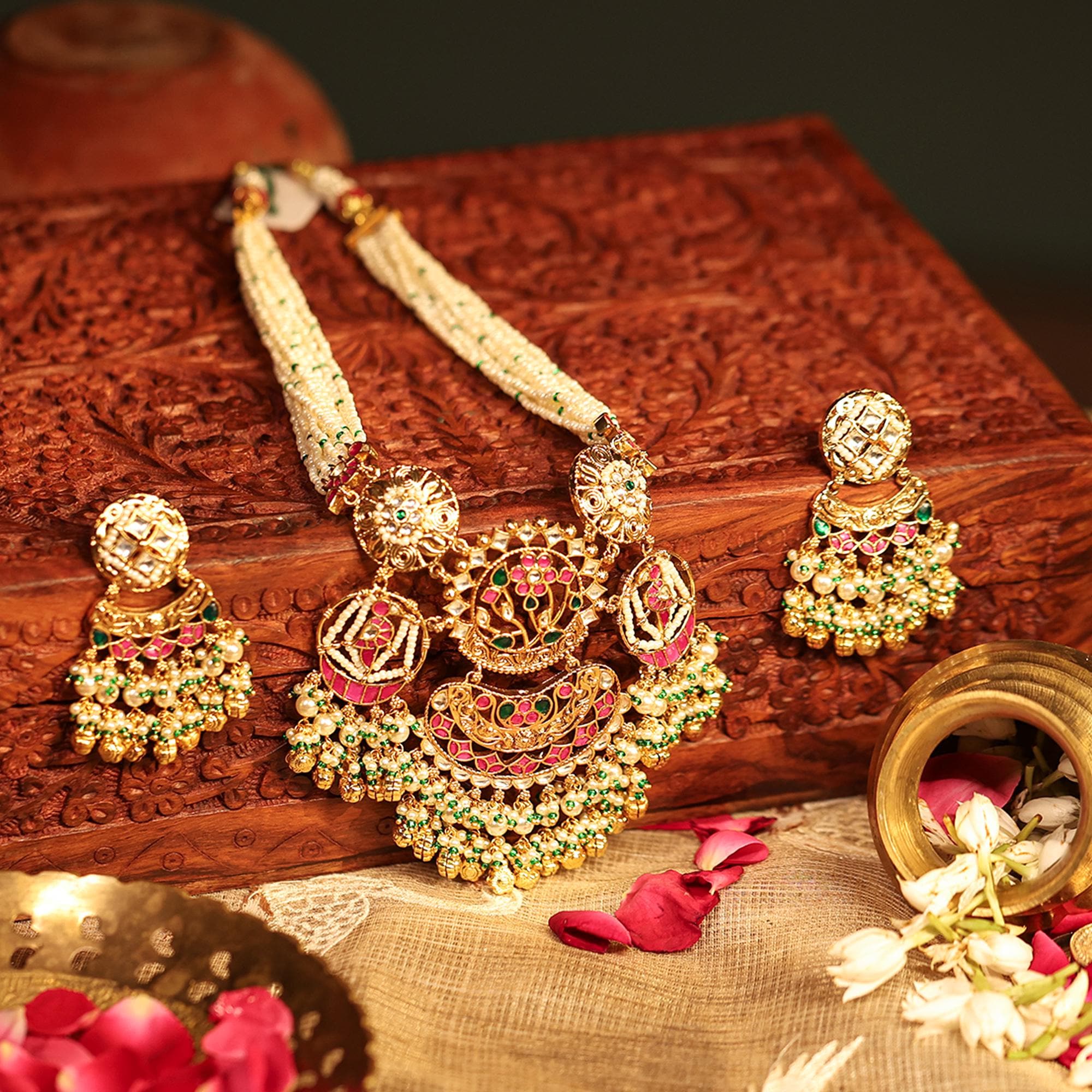 Meenakari Tree of Life Necklace Set | Seed Pearl Emerald Green Festive Statement Jewelry