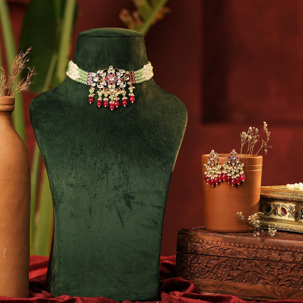 Mint Green Bead Pearl Choker Set | Indian Bridal Floral Kundan Statement Necklace