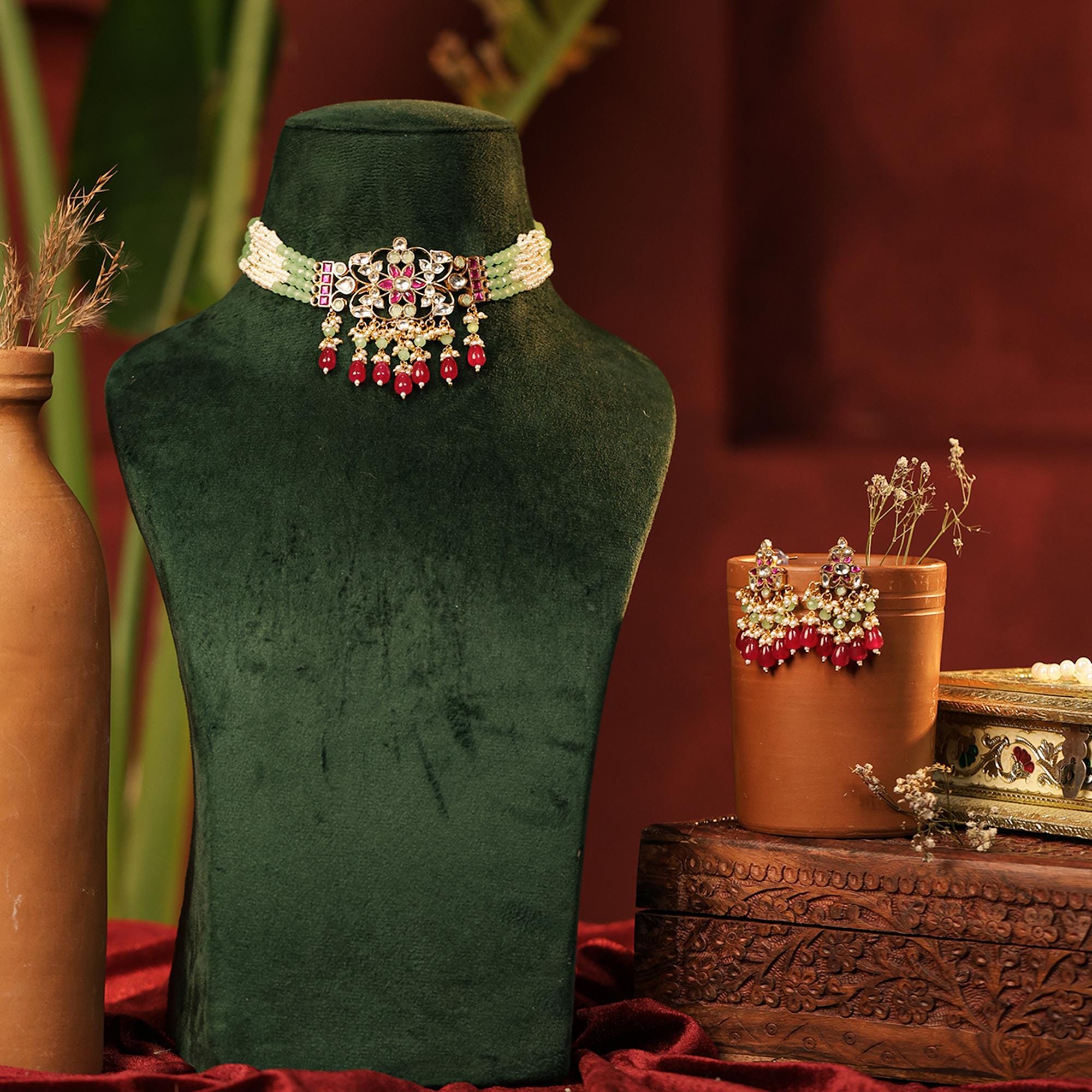 Mint Green Bead Pearl Choker Set | Indian Bridal Floral Kundan Statement Necklace