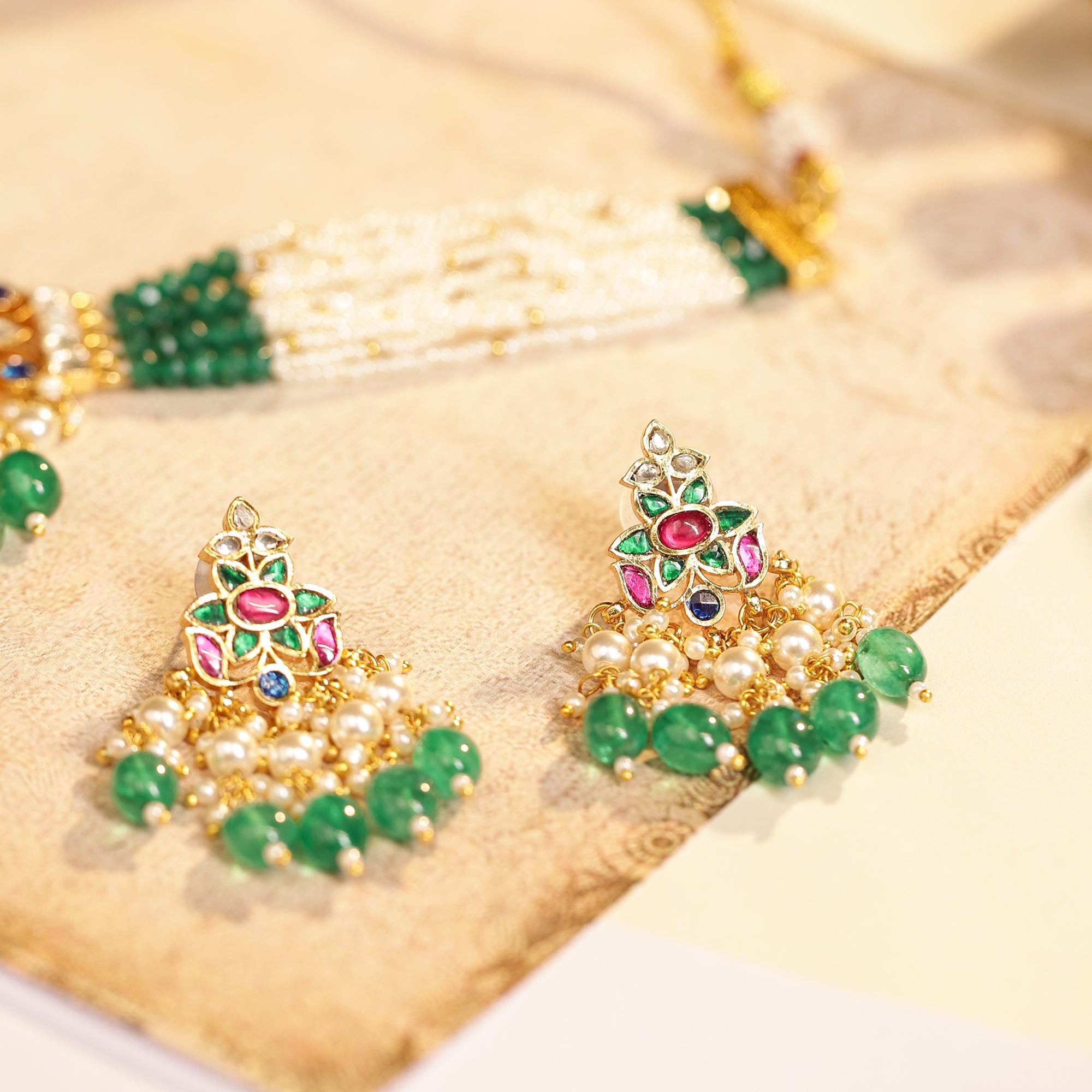 Handcrafted Navratna Floral Choker Set | Indian Bridal Emerald Green Pearl Necklace