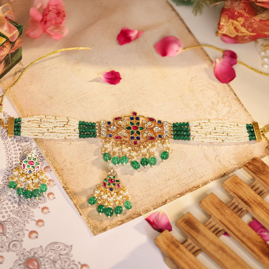 Handcrafted Navratna Floral Choker Set | Indian Bridal Emerald Green Pearl Necklace