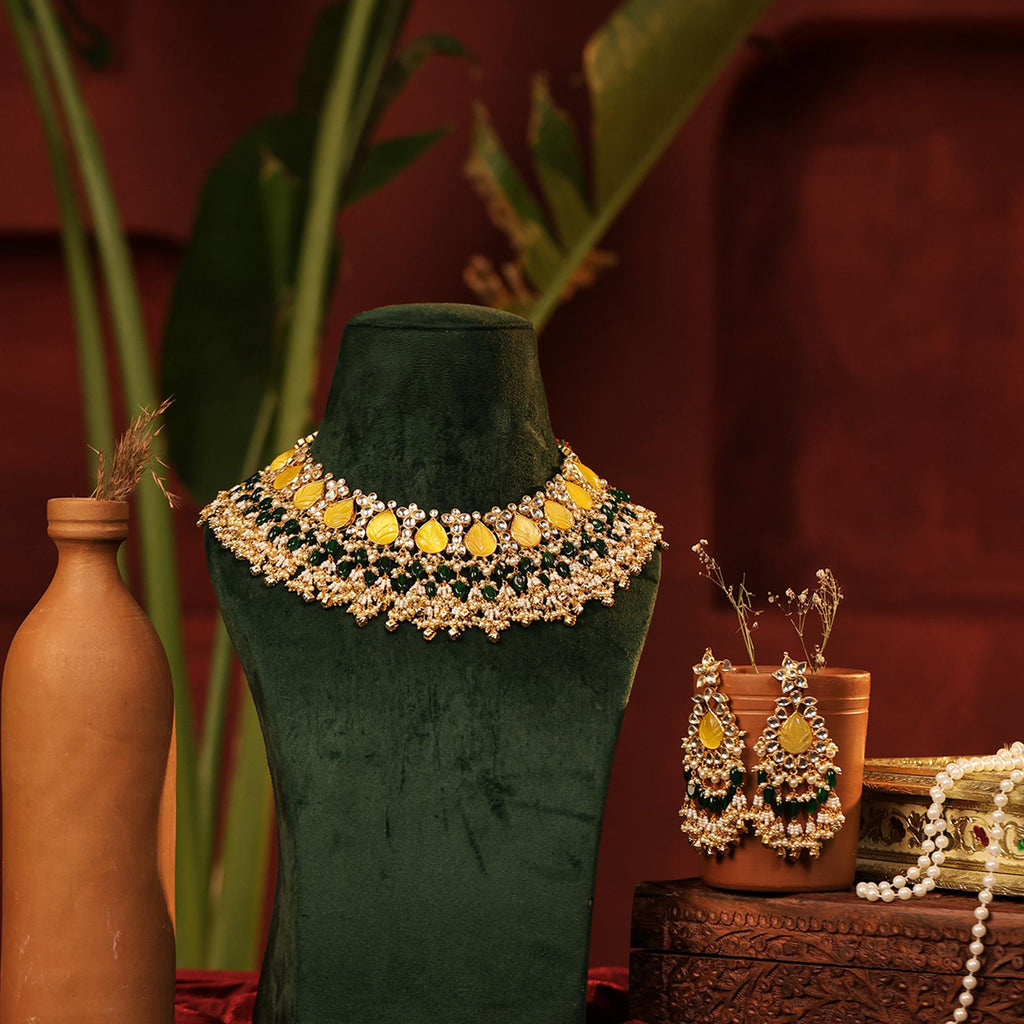 Yellow Onyx Carved Leaf Collar Set | Emerald Green Pearl Festive Statement Necklace