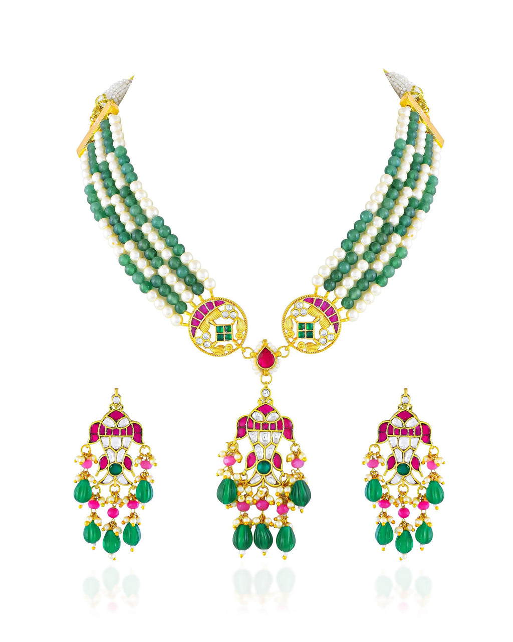 Multi-Strand Green Pearl Kundan Necklace Set with Pink Stone Pendant, Earrings, Maang Tikka