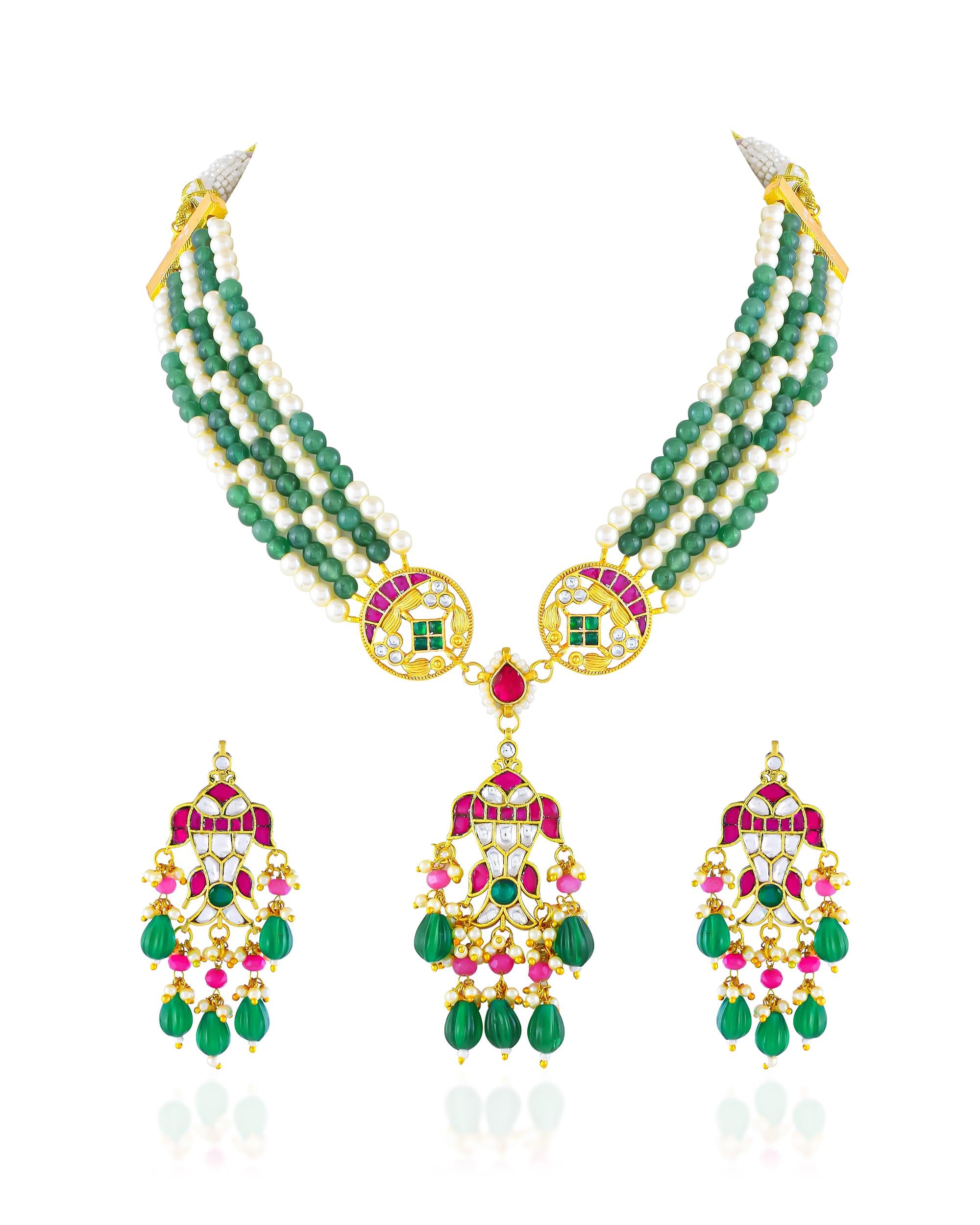 Multi-Strand Green Pearl Kundan Necklace Set with Pink Stone Pendant, Earrings, Maang Tikka