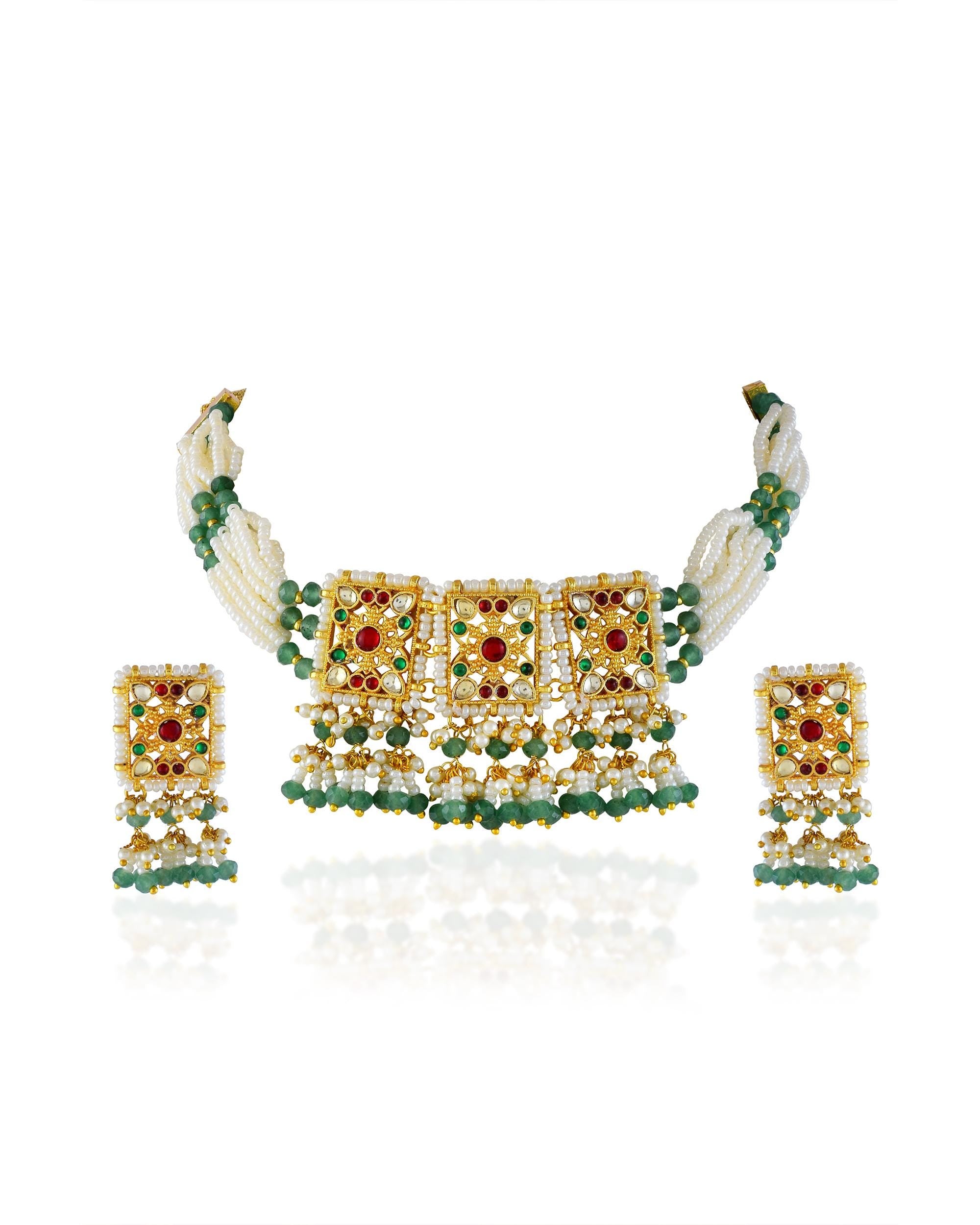 Kundan Choker Necklace Set, Pearl & Green Beads, Red Stone Bridal Jewelry