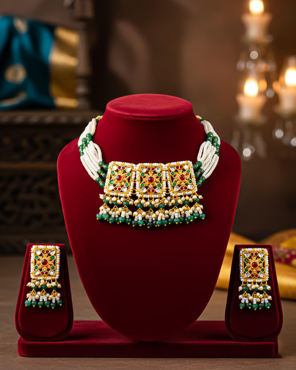 Kundan Choker Necklace Set, Pearl & Green Beads, Red Stone Bridal Jewelry