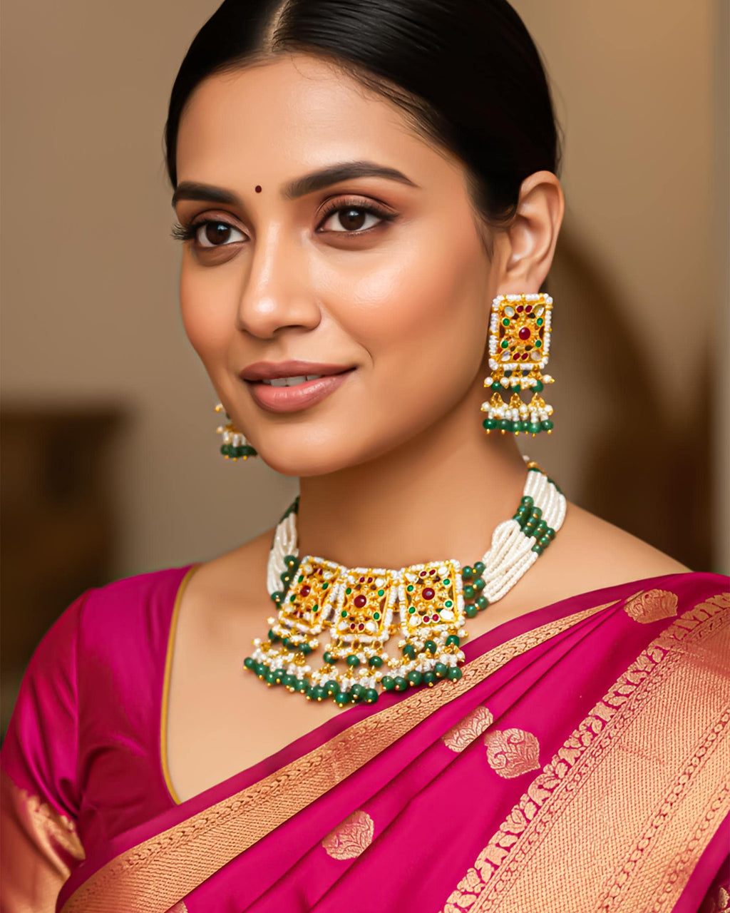 Kundan Choker Necklace Set, Pearl & Green Beads, Red Stone Bridal Jewelry