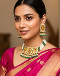 Kundan Choker Necklace Set, Pearl & Green Beads, Red Stone Bridal Jewelry