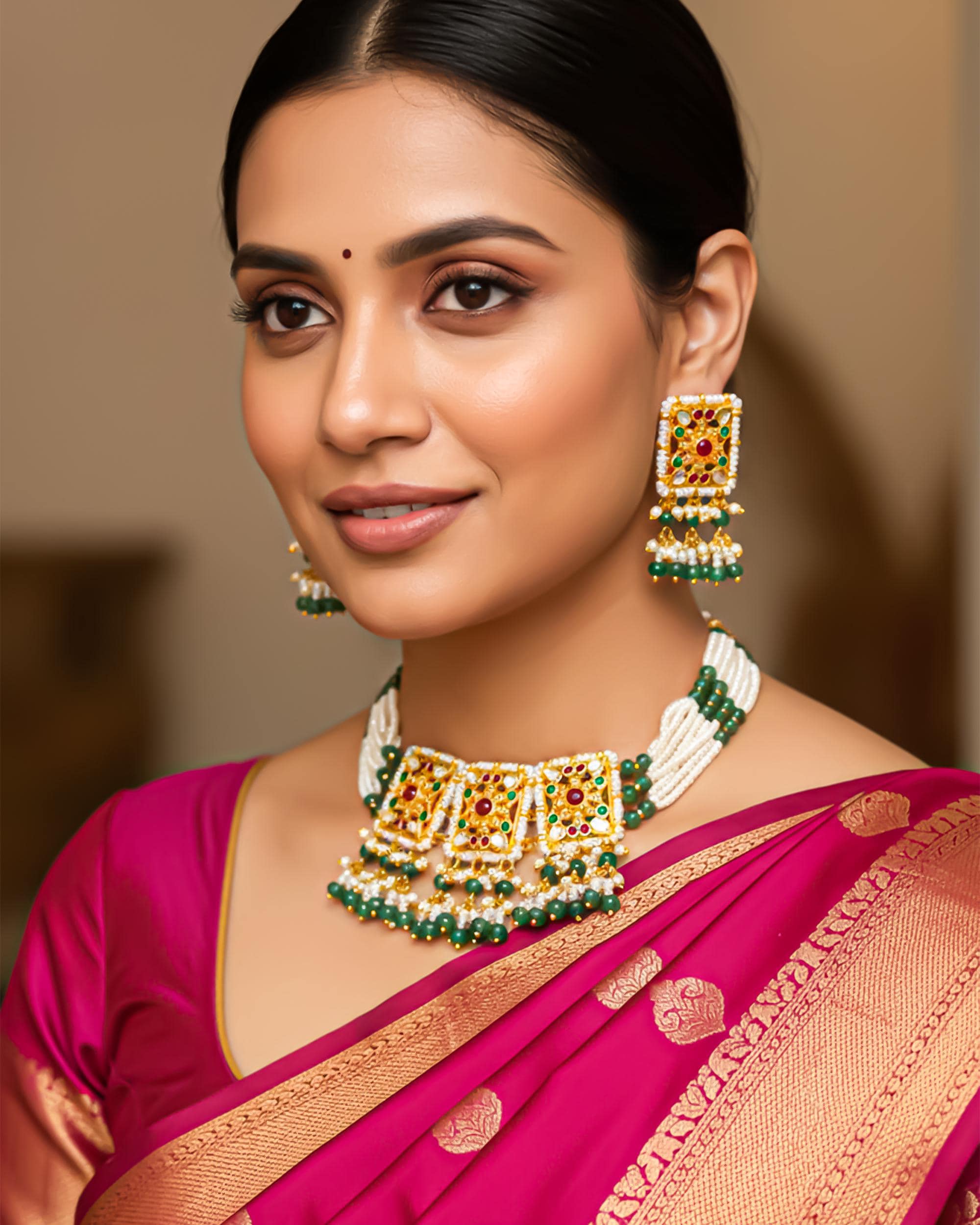 Kundan Choker Necklace Set, Pearl & Green Beads, Red Stone Bridal Jewelry