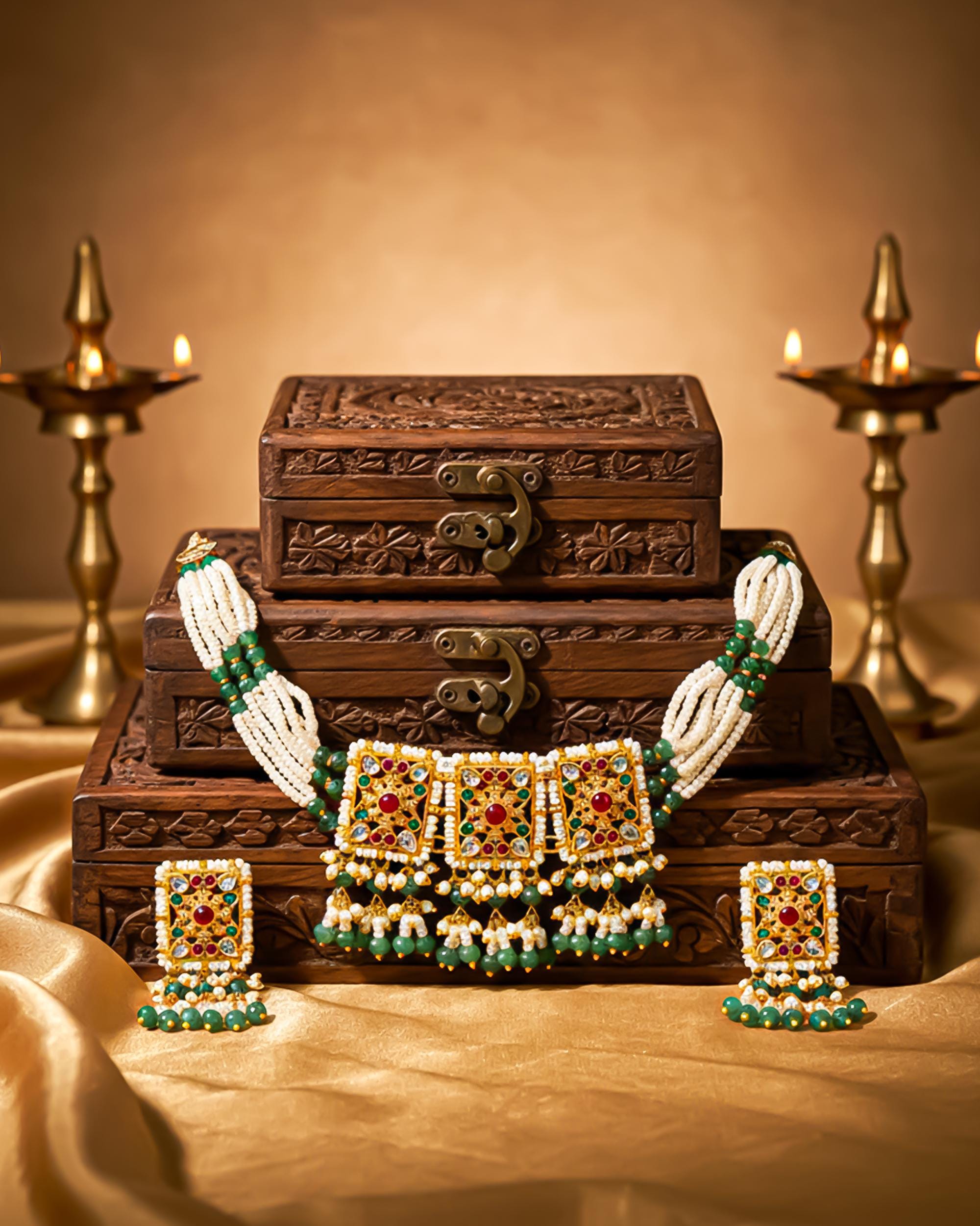 Kundan Choker Necklace Set, Pearl & Green Beads, Red Stone Bridal Jewelry