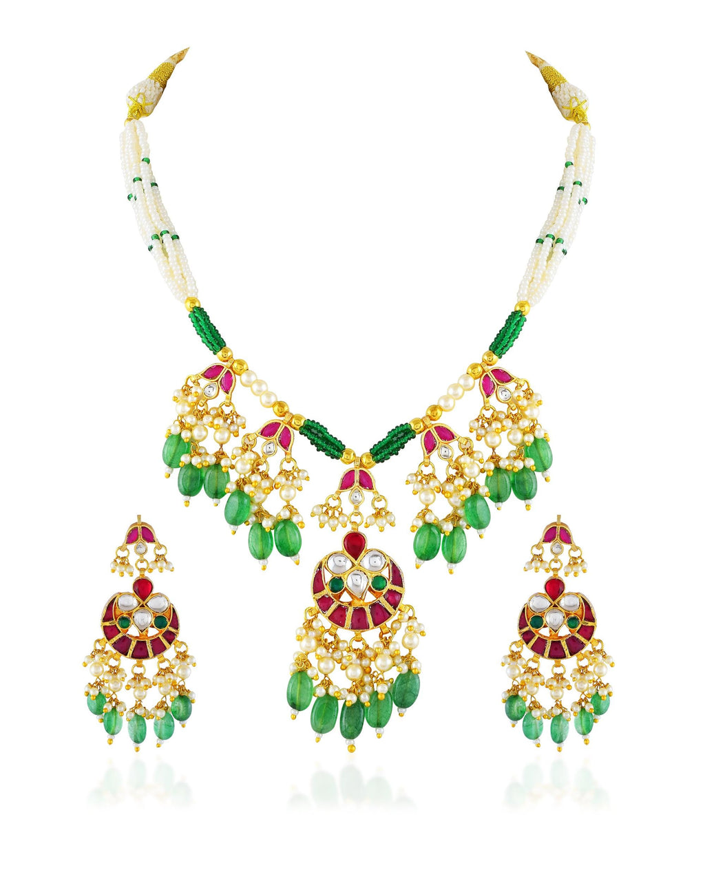 Green Kundan Necklace Set with Pink Stones, Pearl Drop Earrings, Indian Bridal Jewelry