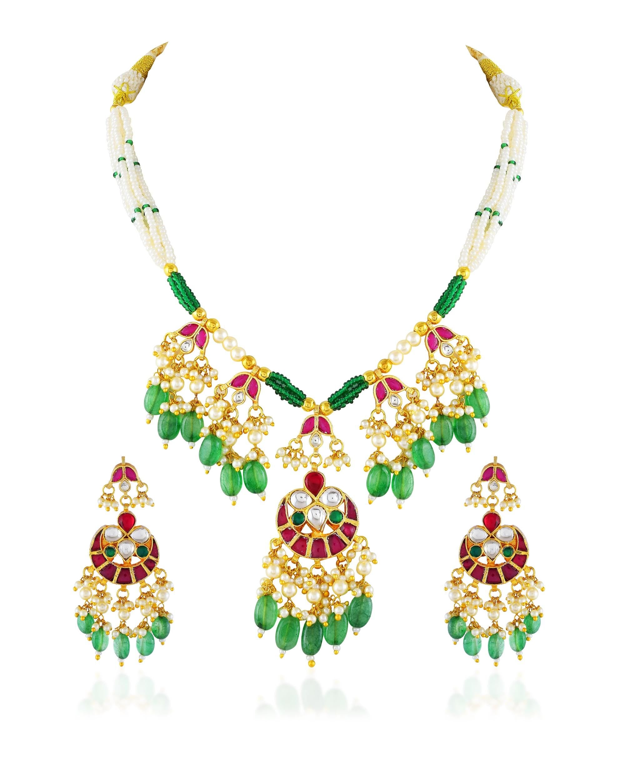 Green Kundan Necklace Set with Pink Stones, Pearl Drop Earrings, Indian Bridal Jewelry