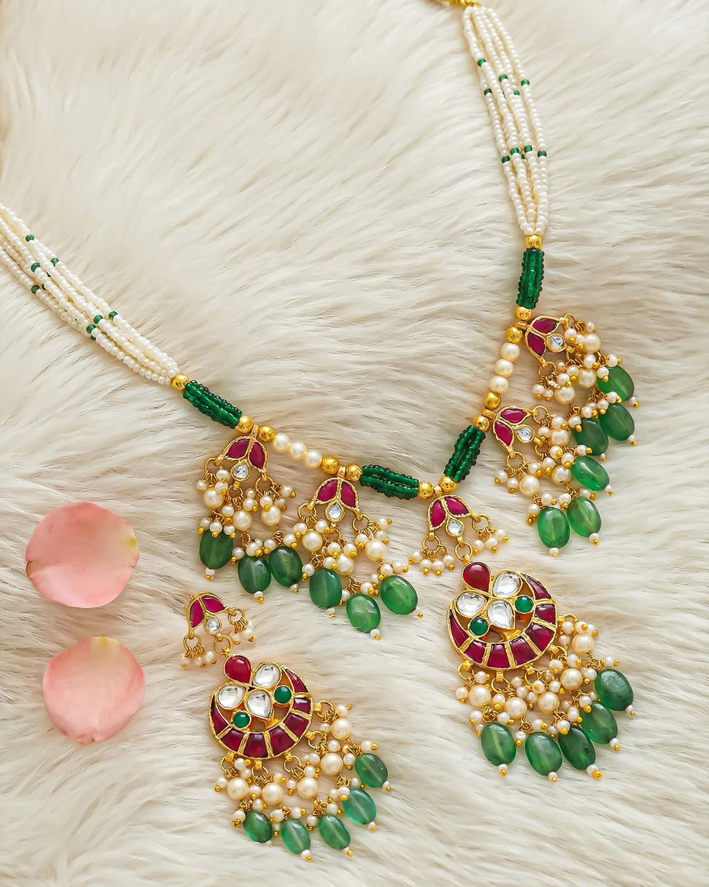Green Kundan Necklace Set with Pink Stones, Pearl Drop Earrings, Indian Bridal Jewelry