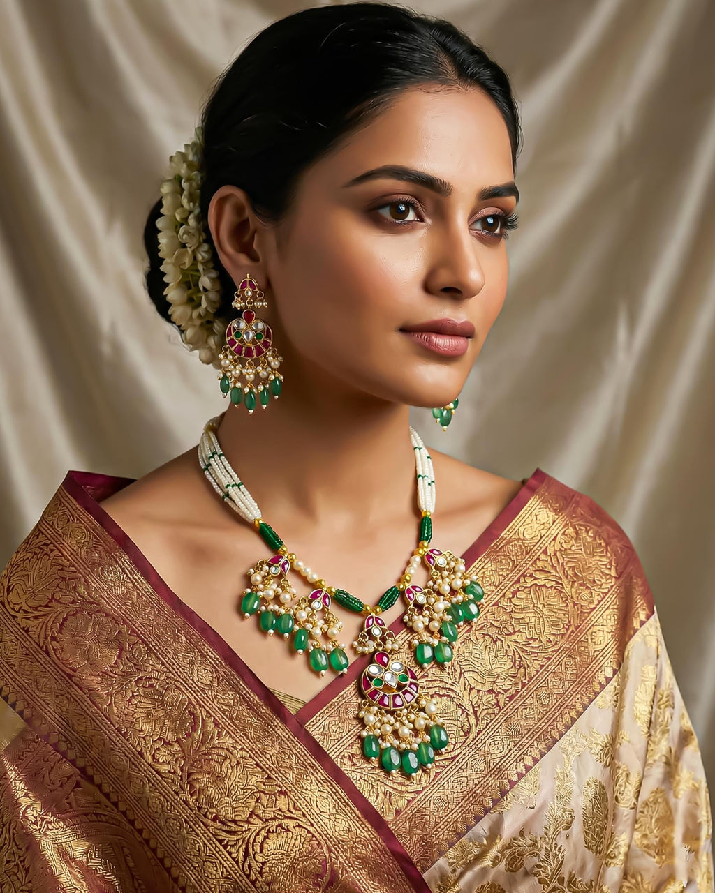 Green Kundan Necklace Set with Pink Stones, Pearl Drop Earrings, Indian Bridal Jewelry