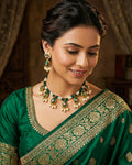 Green Meenakari Kundan Necklace Set with Pearl Drops, Indian Bridal Jewelry