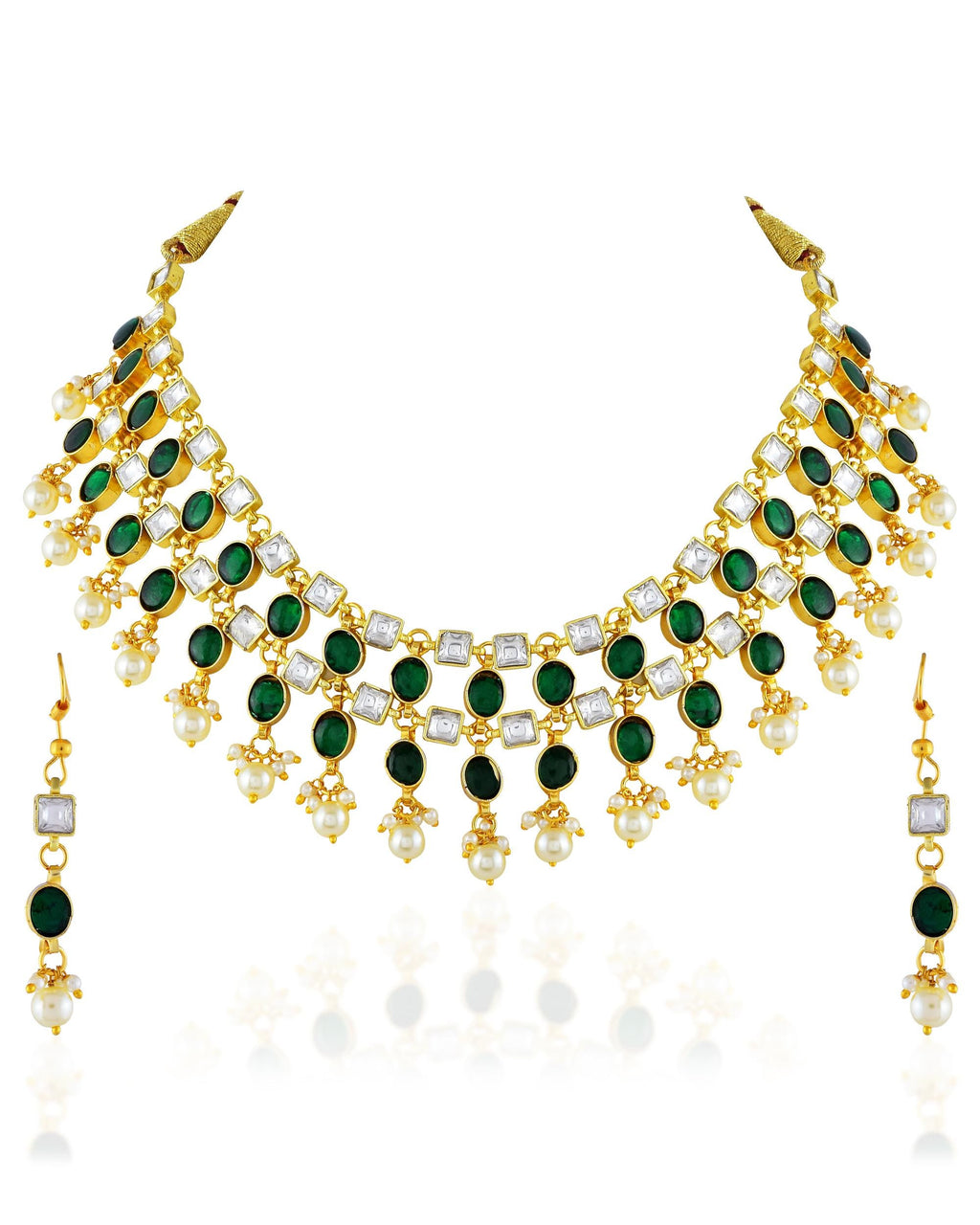 Green Kundan Pearl Choker Necklace Set, Indian Bridal Wedding Jewelry