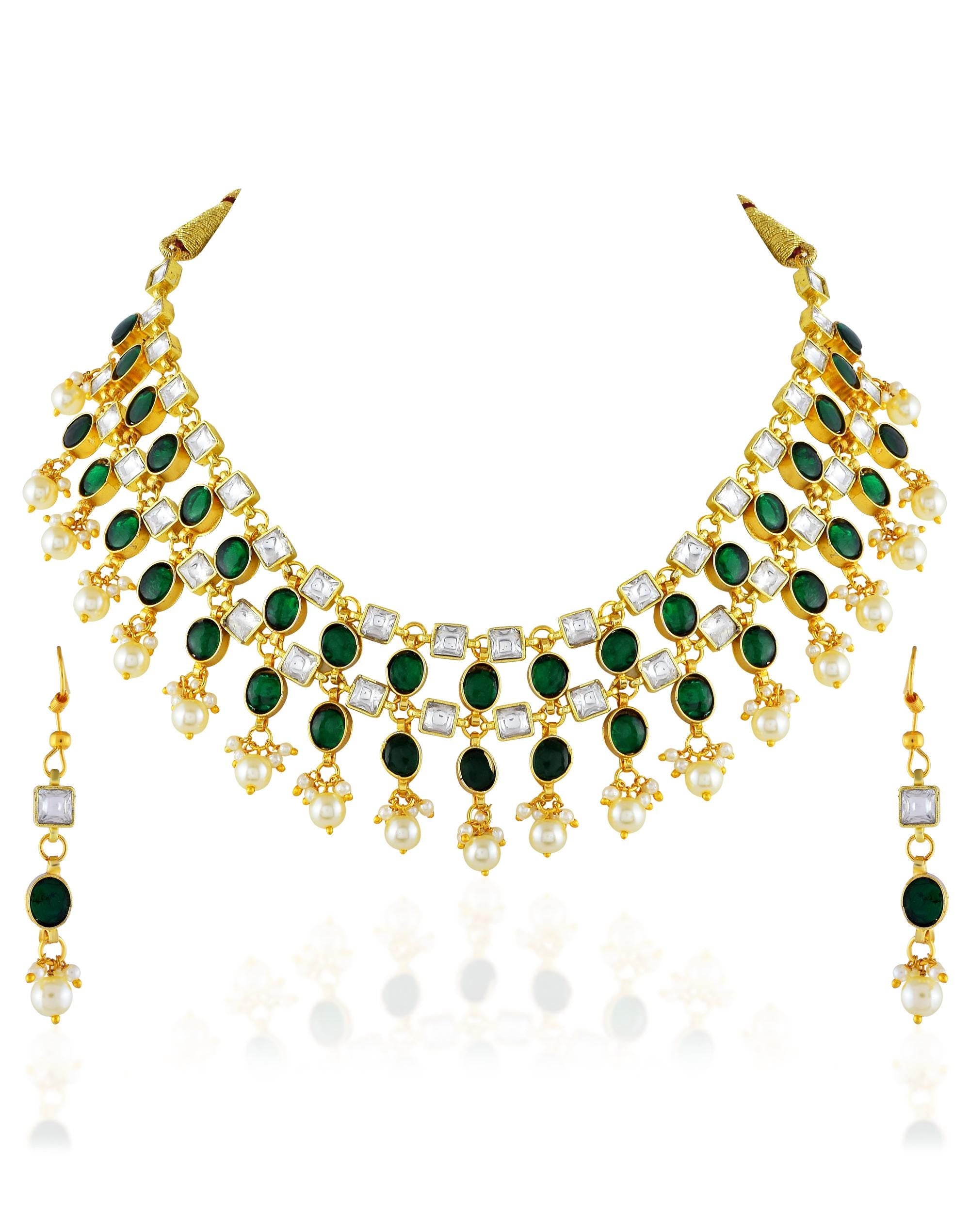Green Kundan Pearl Choker Necklace Set, Indian Bridal Wedding Jewelry