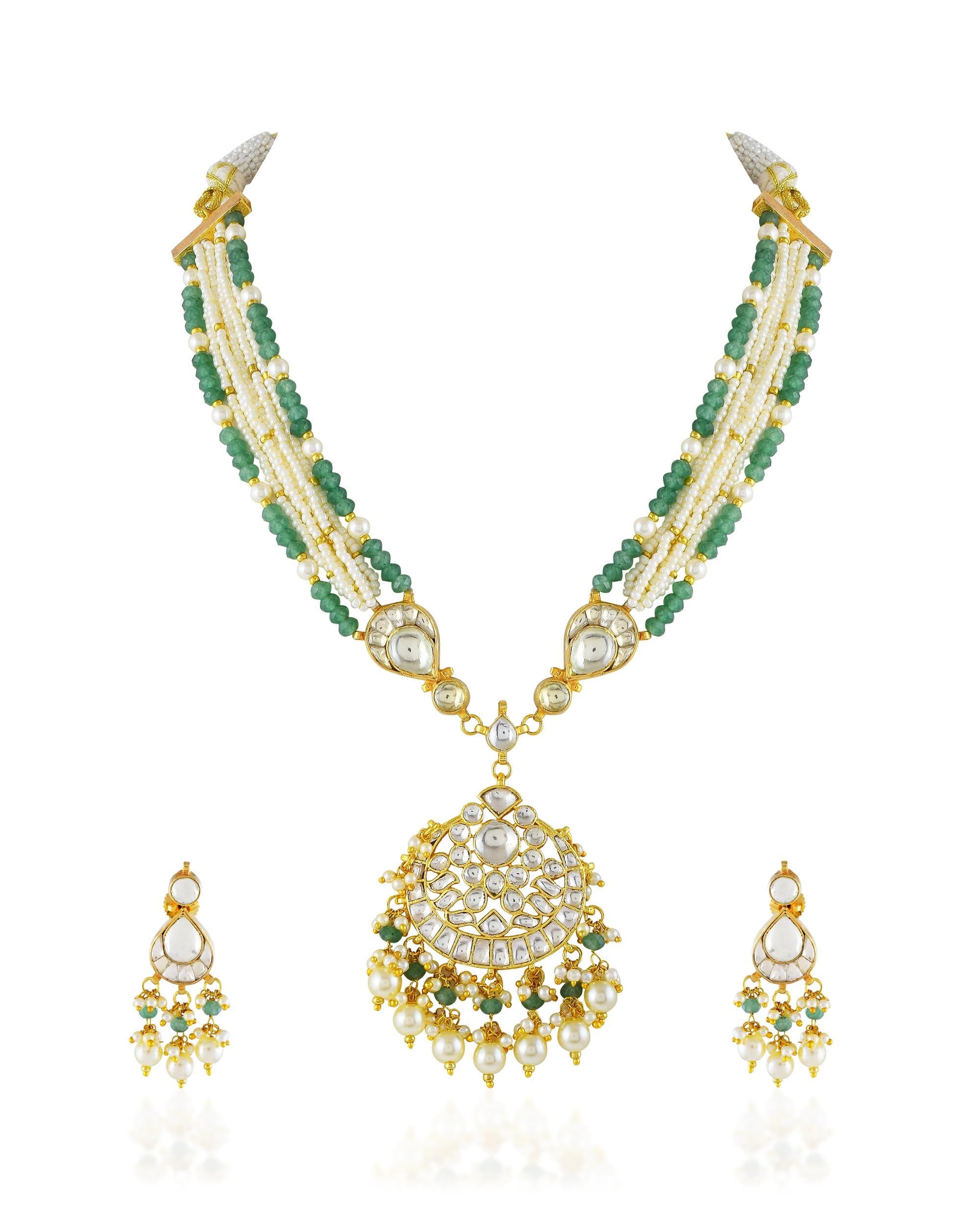 Kundan Pearl Necklace Set, Green Beads, Indian Bridal Jewelry, Statement Pendant Earrings