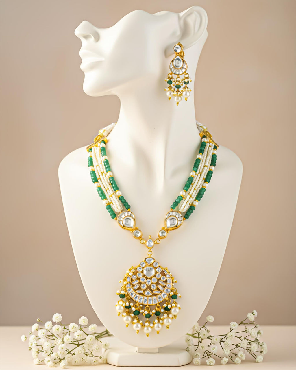 Kundan Pearl Necklace Set, Green Beads, Indian Bridal Jewelry, Statement Pendant Earrings