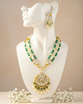 Kundan Pearl Necklace Set, Green Beads, Indian Bridal Jewelry, Statement Pendant Earrings