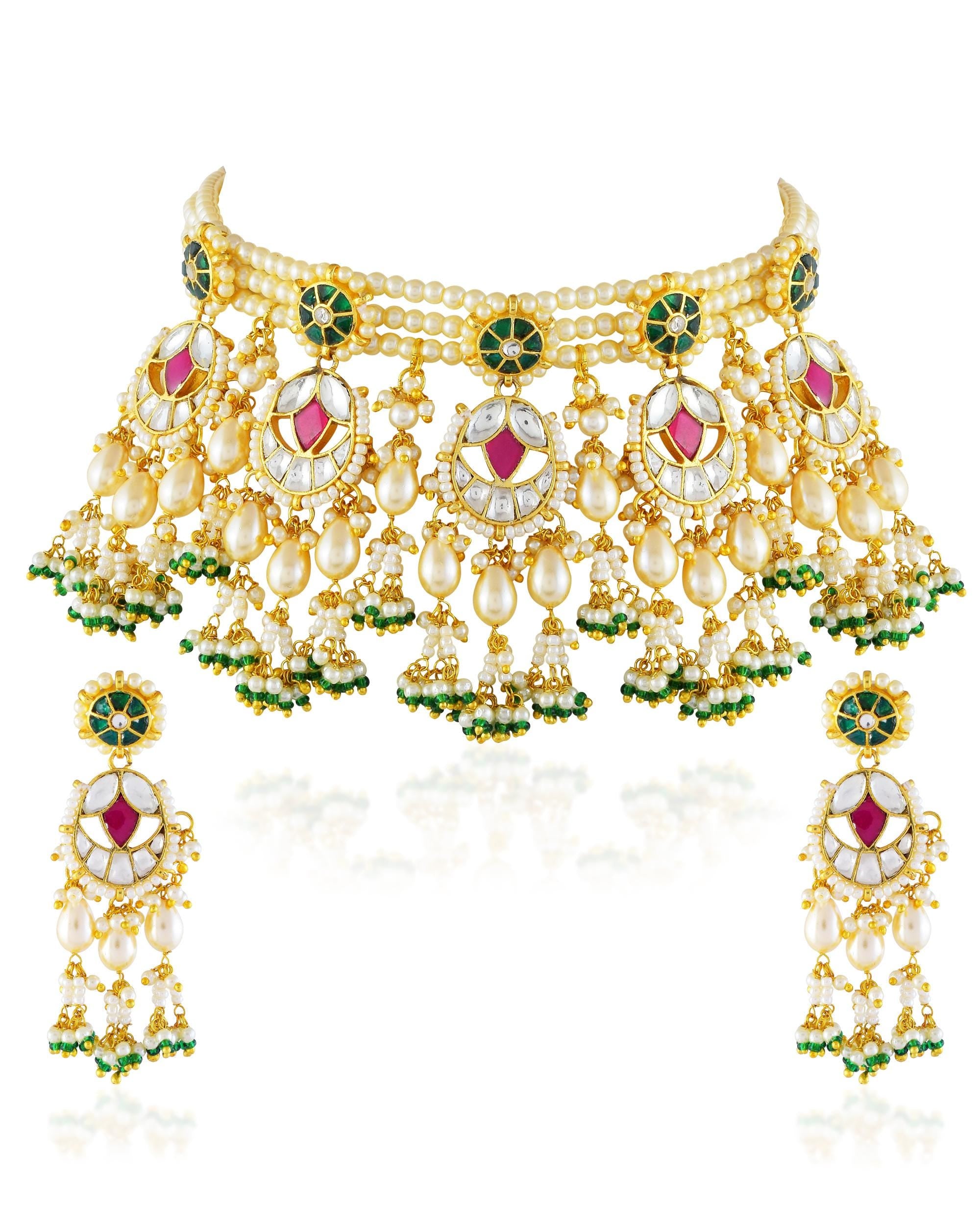 bridal jewelry set Handcrafted Pachi Kundan Bridal Choker Set with Ruby Pink, Emerald Green Pearls