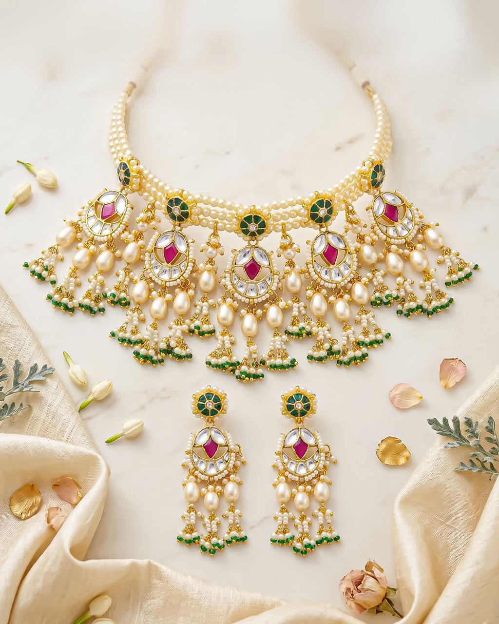 bridal jewelry set Handcrafted Pachi Kundan Bridal Choker Set with Ruby Pink, Emerald Green Pearls