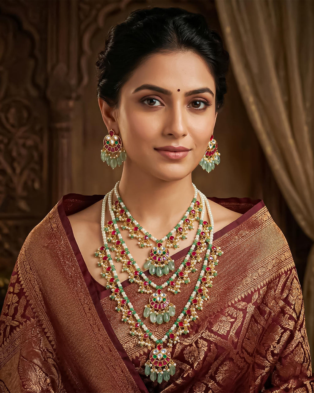 Heritage Panchlada Style Multi-Layer Necklace Set with Sage Green Ruby Accents