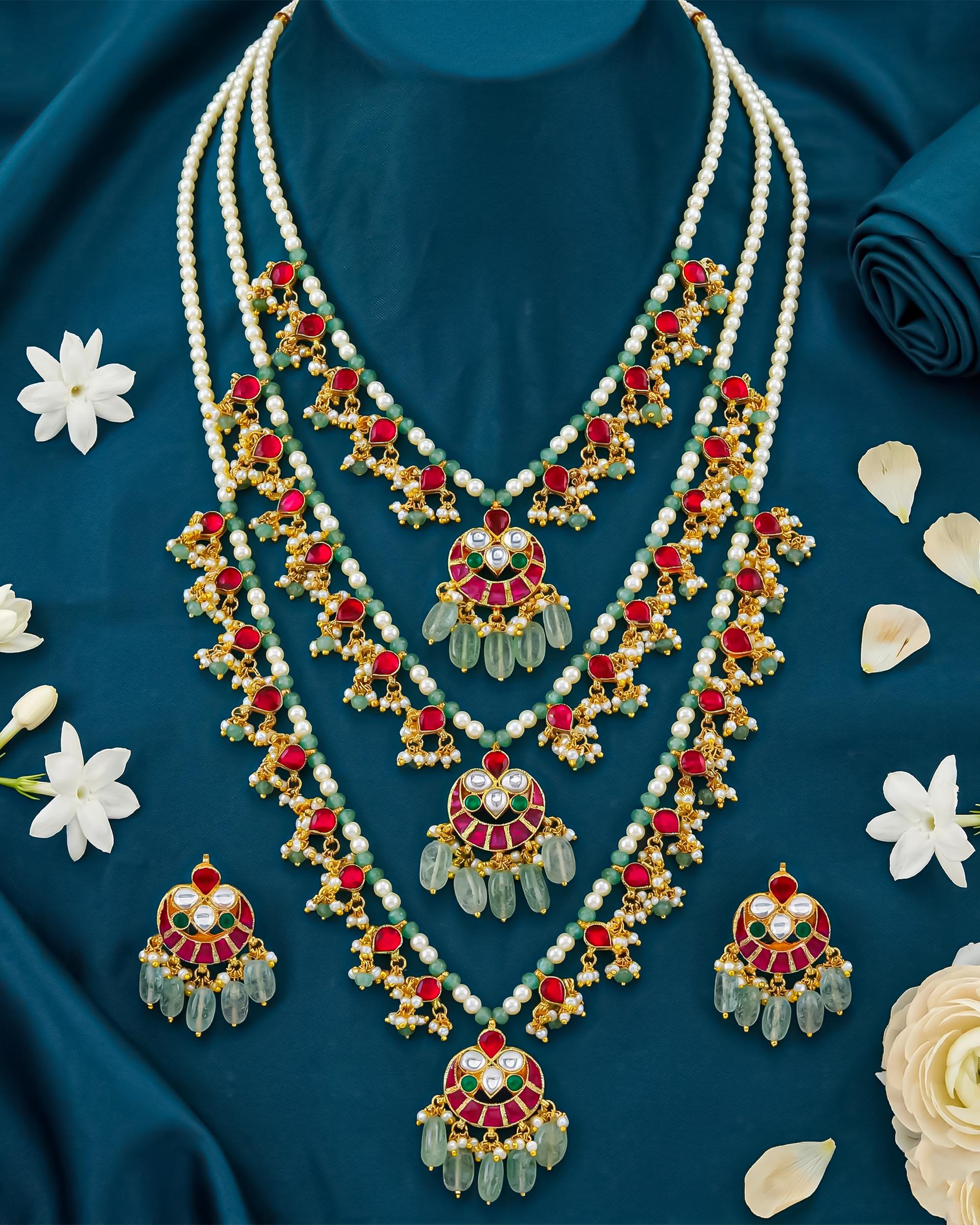 Heritage Panchlada Style Multi-Layer Necklace Set with Sage Green Ruby Accents