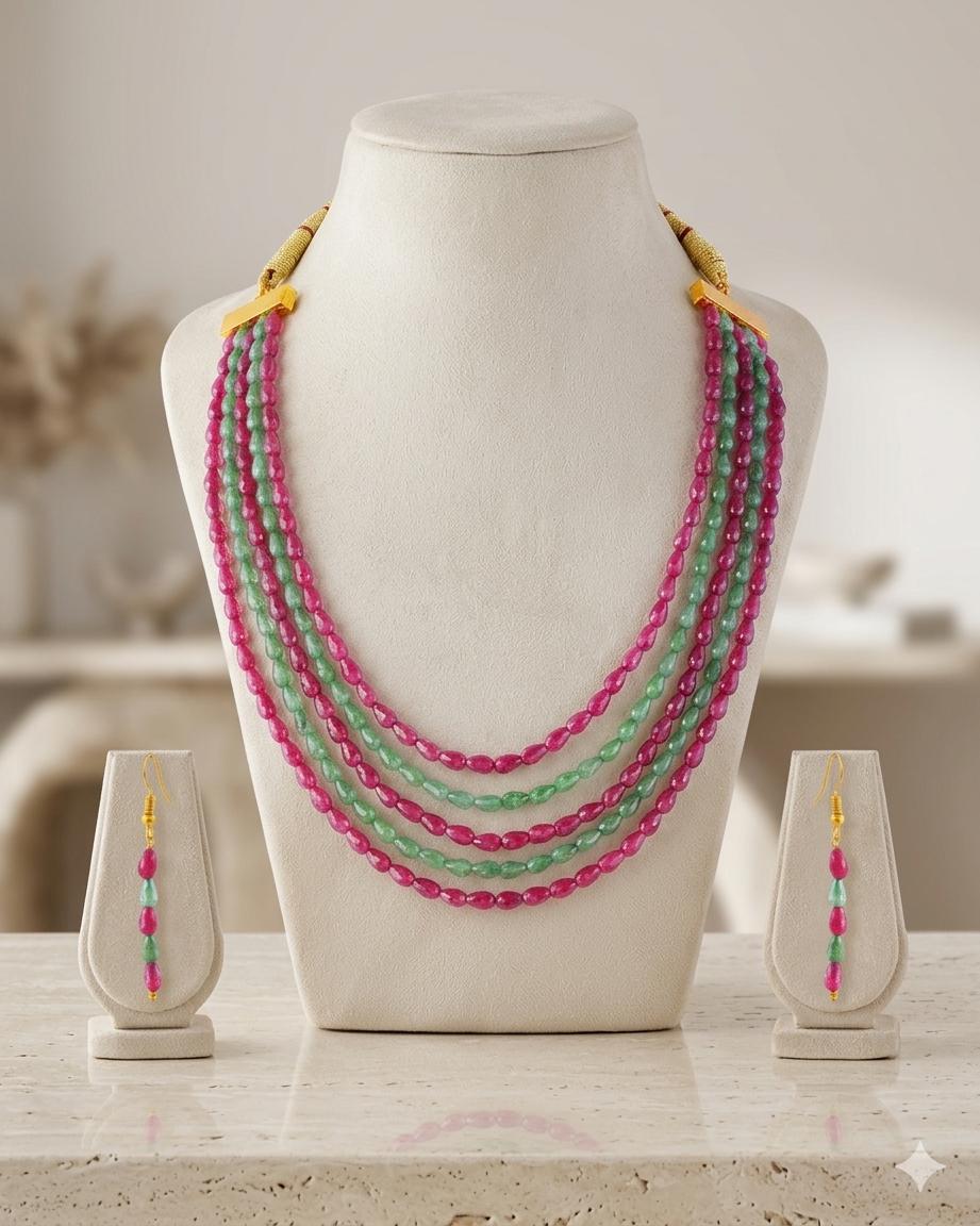 Minimalist Heritage Multi-Strand Ruby Pink & Mint Green Beaded Mala Set