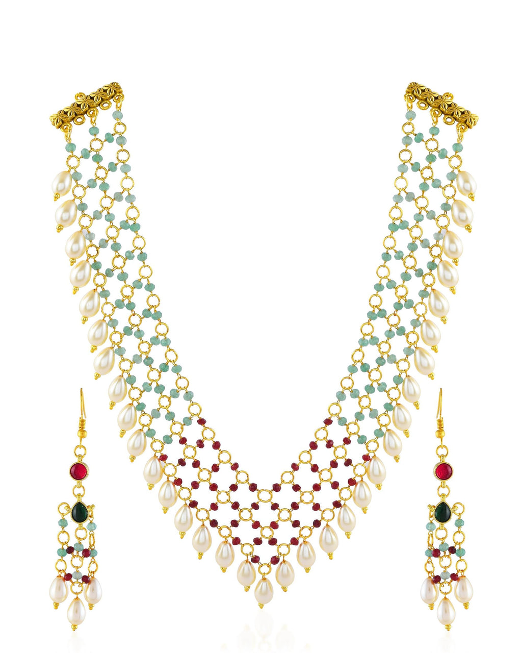 Royal Ruby, Emerald, and Pearl Cascading Chain Necklace and Earring Set