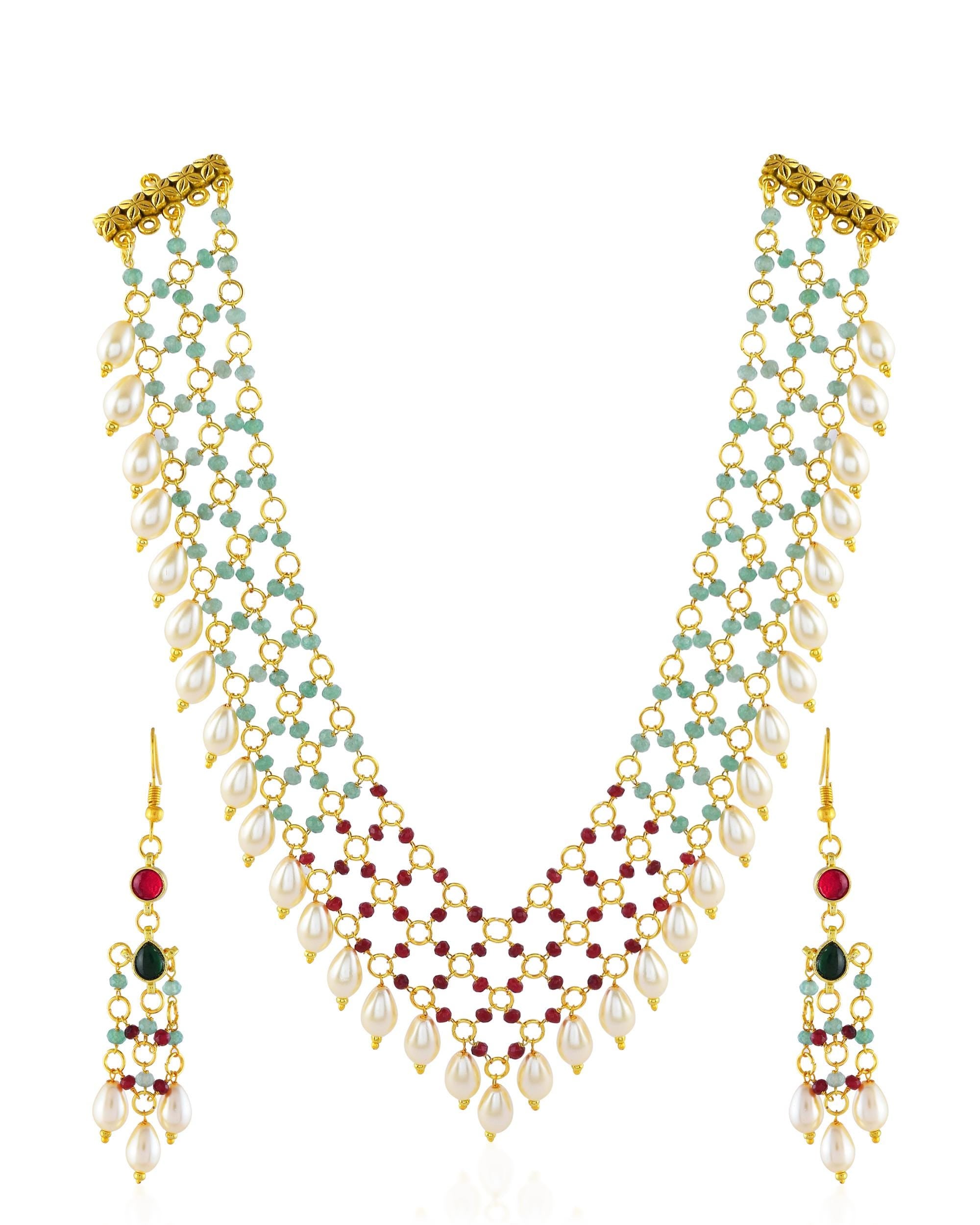 Royal Ruby, Emerald, and Pearl Cascading Chain Necklace and Earring Set