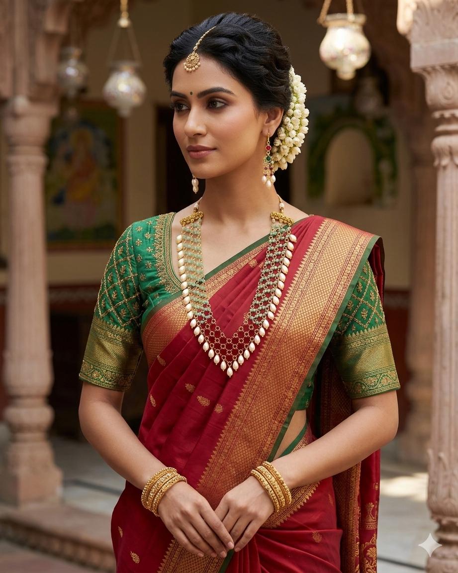 Royal Ruby, Emerald, and Pearl Cascading Chain Necklace and Earring Set