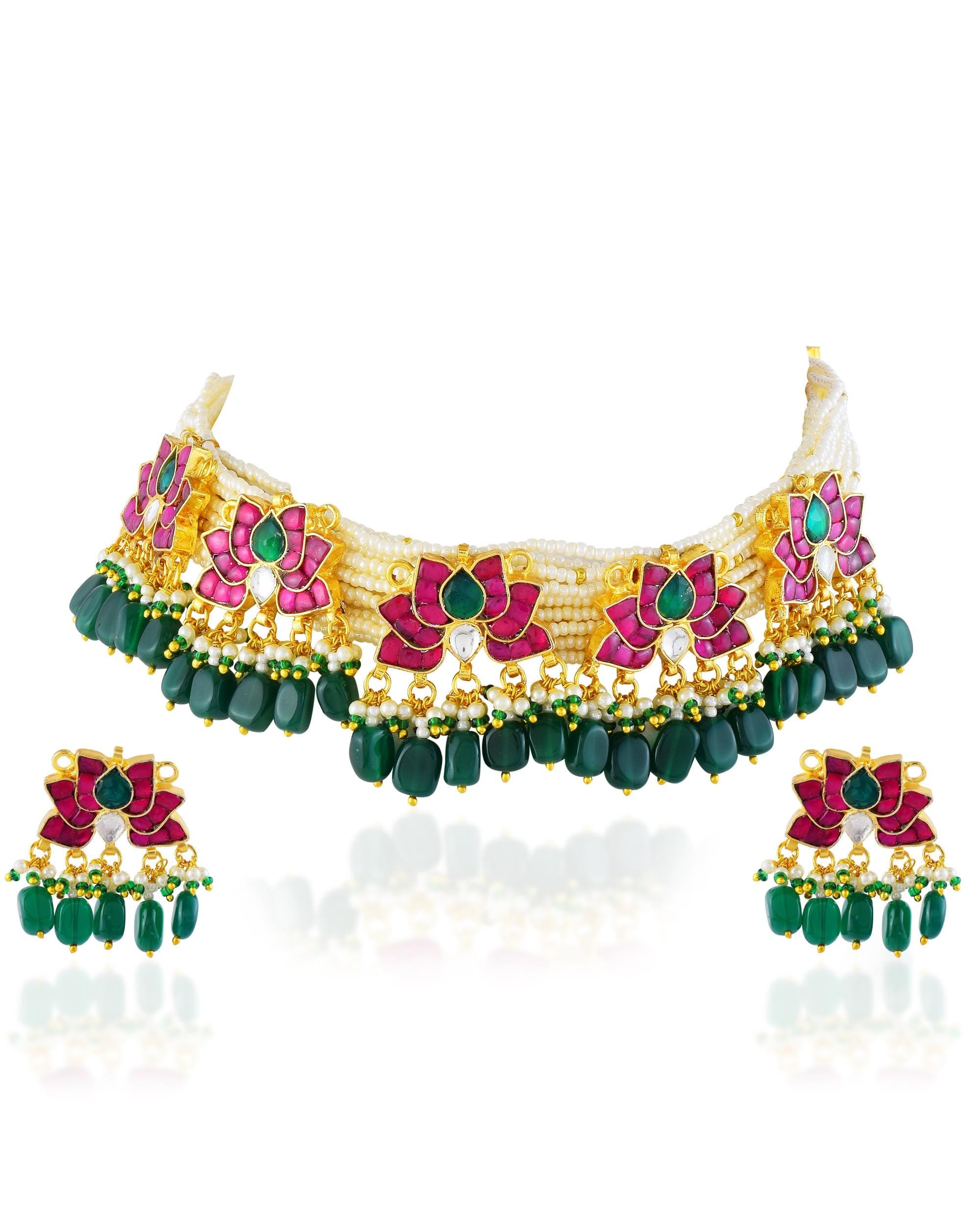 Handcrafted Kamal Pachi Kundan Choker Set: Pink Enamel, Emerald Drops, Pearl Necklace