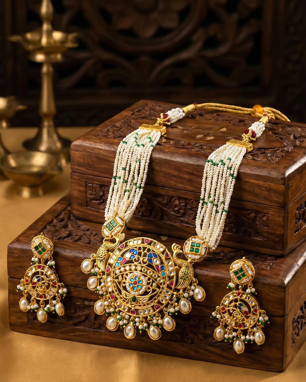 Royal Meenakari Peacock & Pachi Kundan Statement Mala Set with Multi-Strand Pearls