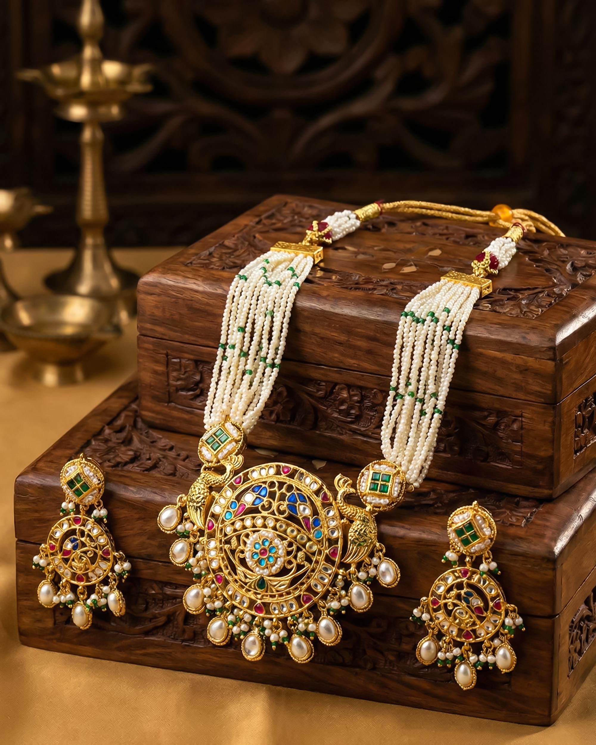Royal Meenakari Peacock & Pachi Kundan Statement Mala Set with Multi-Strand Pearls